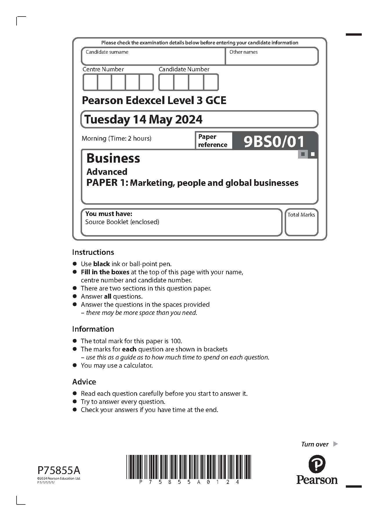 Pearson edexcel level 3 gce january 2022 question paper business