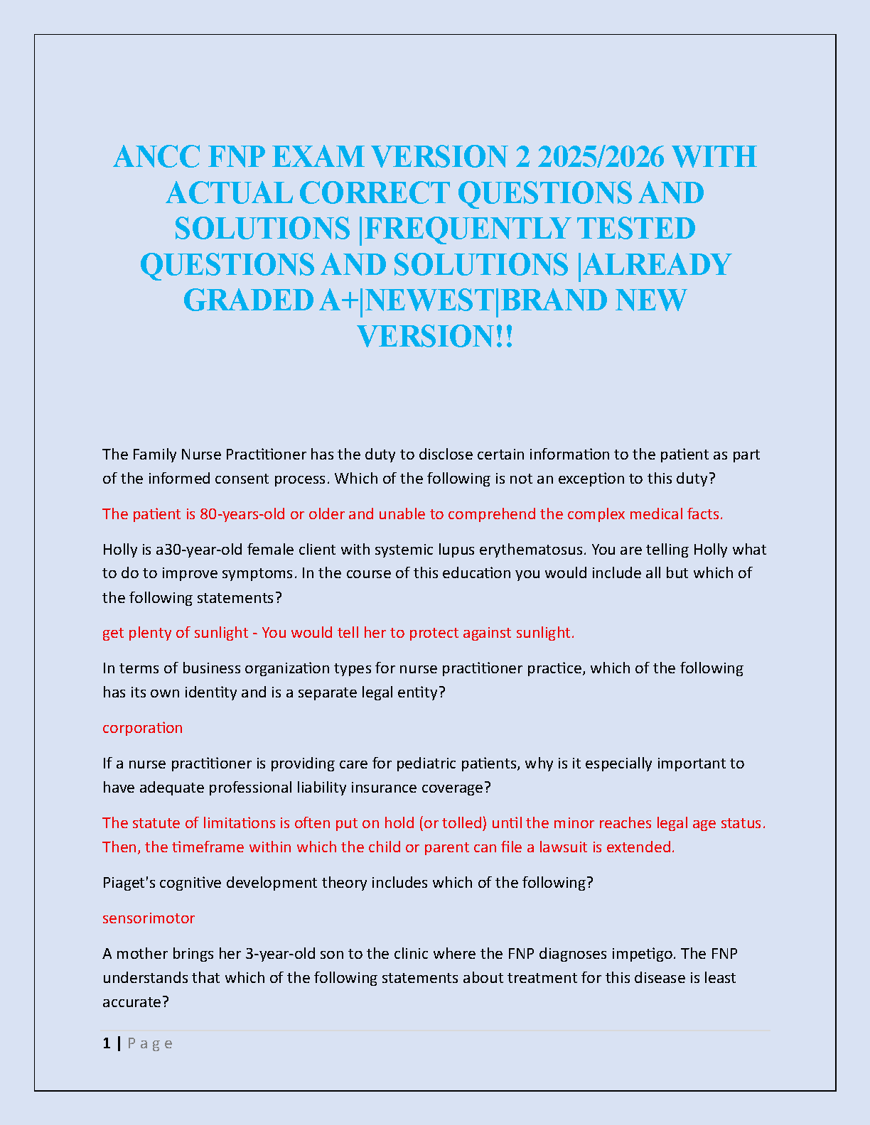 ANCC FNP Exam Questions and Solutions Bank for Clinical Mastery in the 2025/2026 Academic Year