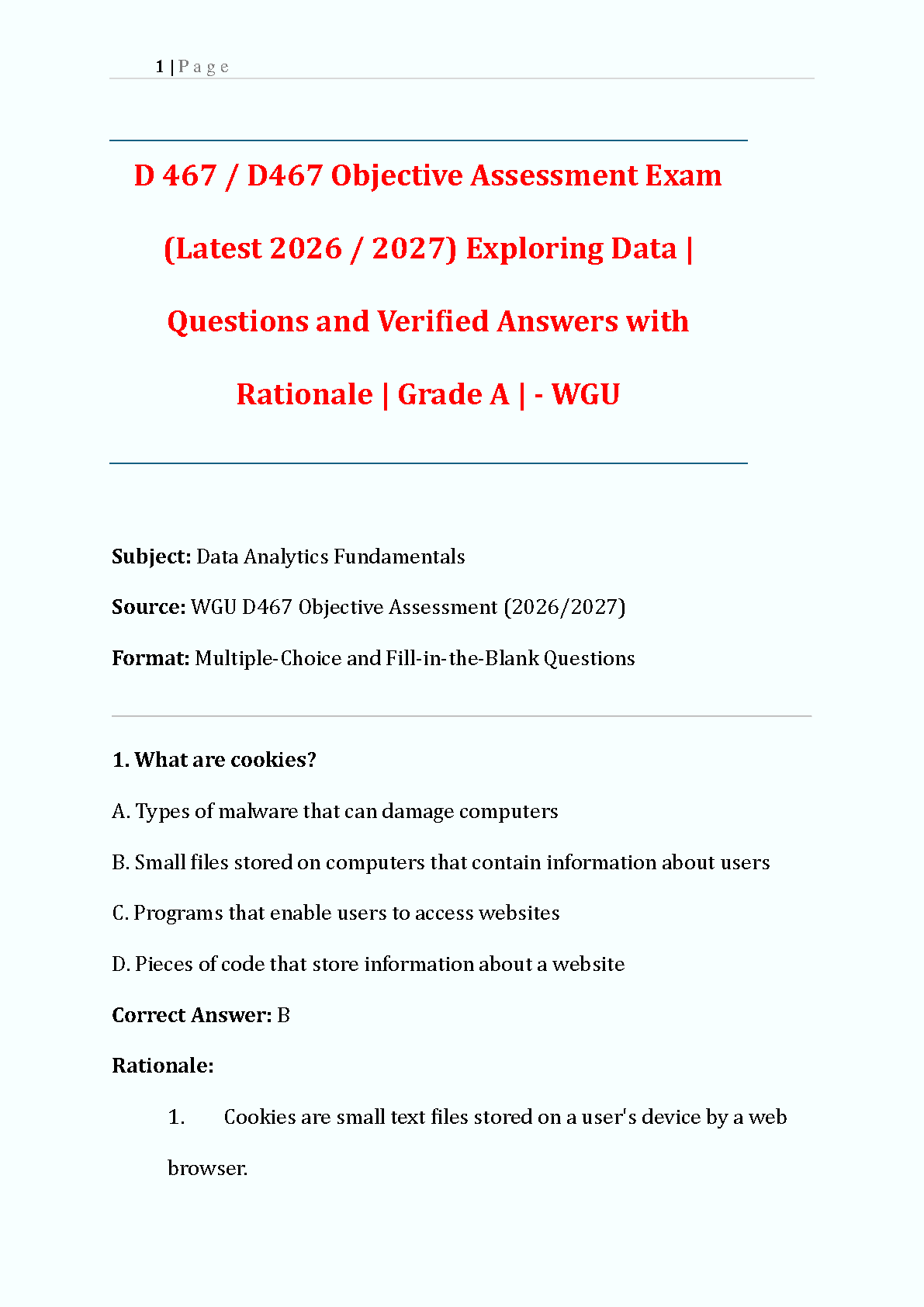 WGU D467 Data Analytics Fundamentals Objective Assessment Exam Test Bank 2026/2027 with Verified Answers and Rationale for Grade A+