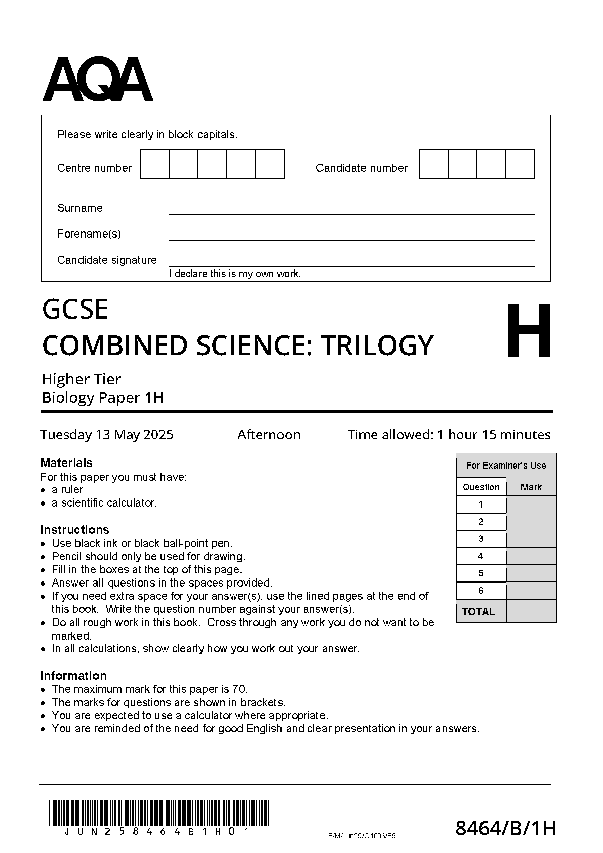 AQA GCSE Trilogy Biology 1H 2025 Question Paper PDF