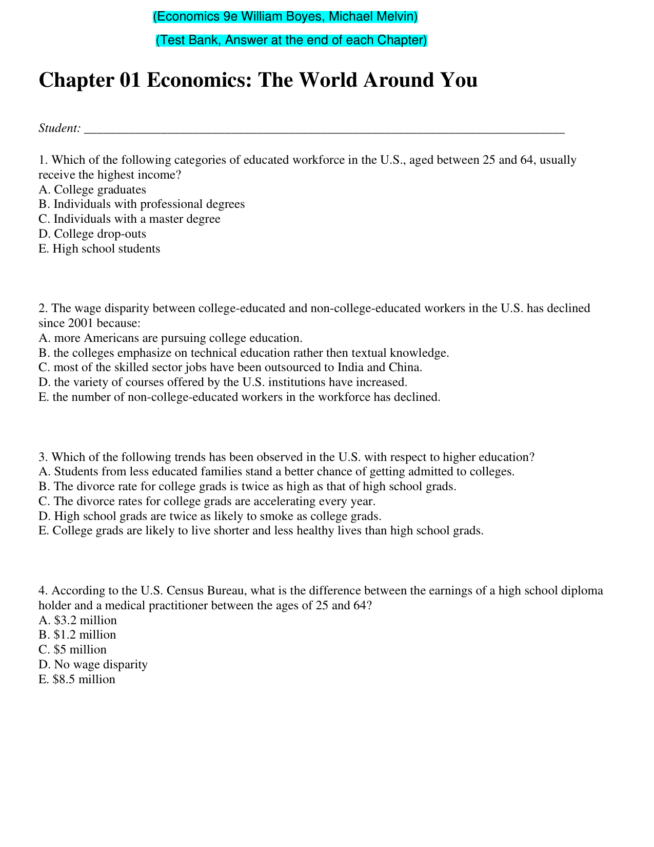 Economics 9th Edition TEST BANK