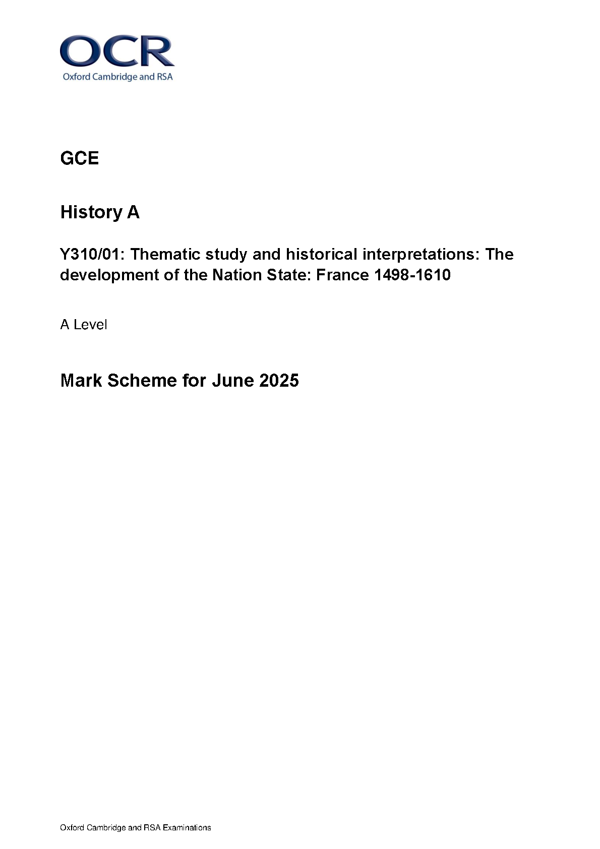 OCR A Level History A Nation State France 2025 Mark Scheme