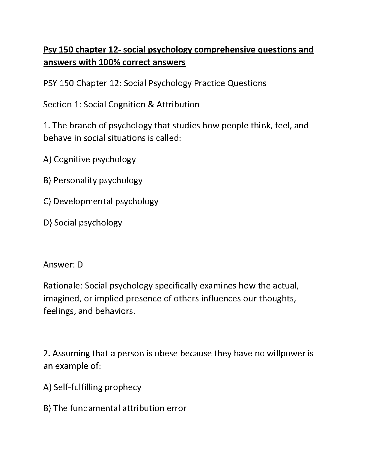 PSY 150 Chapter 12 Social Psychology Practice Questions With Answers For Academic Year 2026/2027 Comprehensive Study Guide