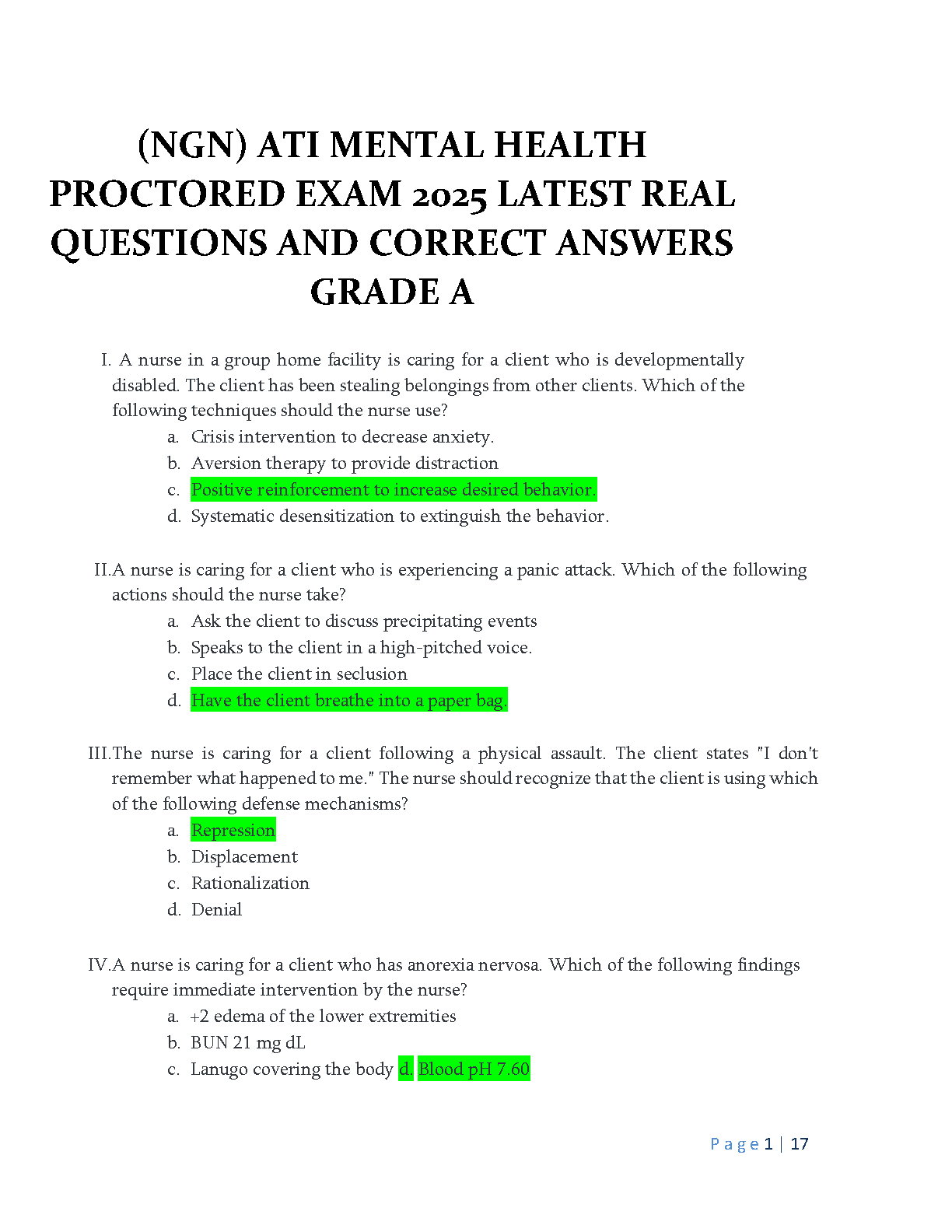 ATI RN Mental Health NGN Proctored Exam 2025 Test Bank: Latest Edition with Real Questions and Verified Grade A Answers