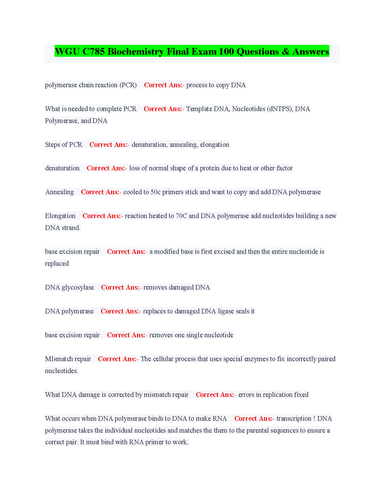 WGU C785 Biochemistry Final Exam Test Bank: 100 Verified Questions and Answers for the Latest Edition