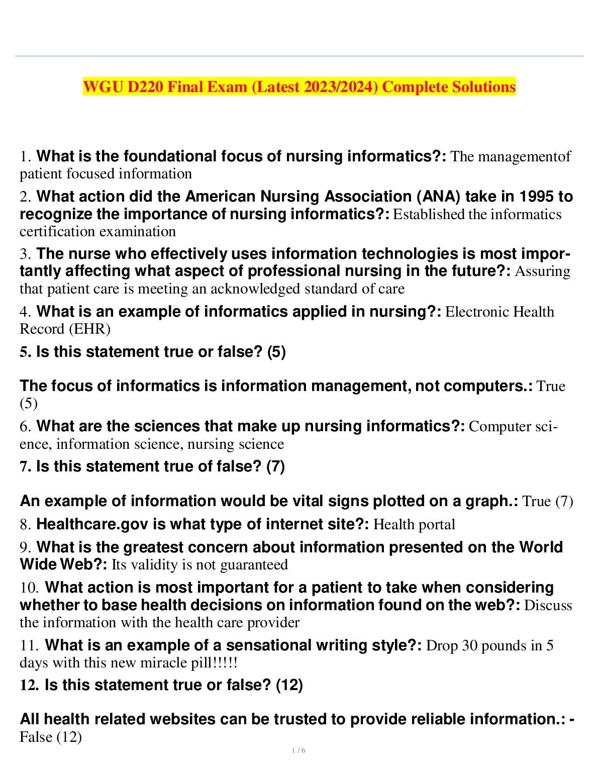 WGU D220 Nursing Informatics Final Exam Complete Solutions and Study Guide 2023/24