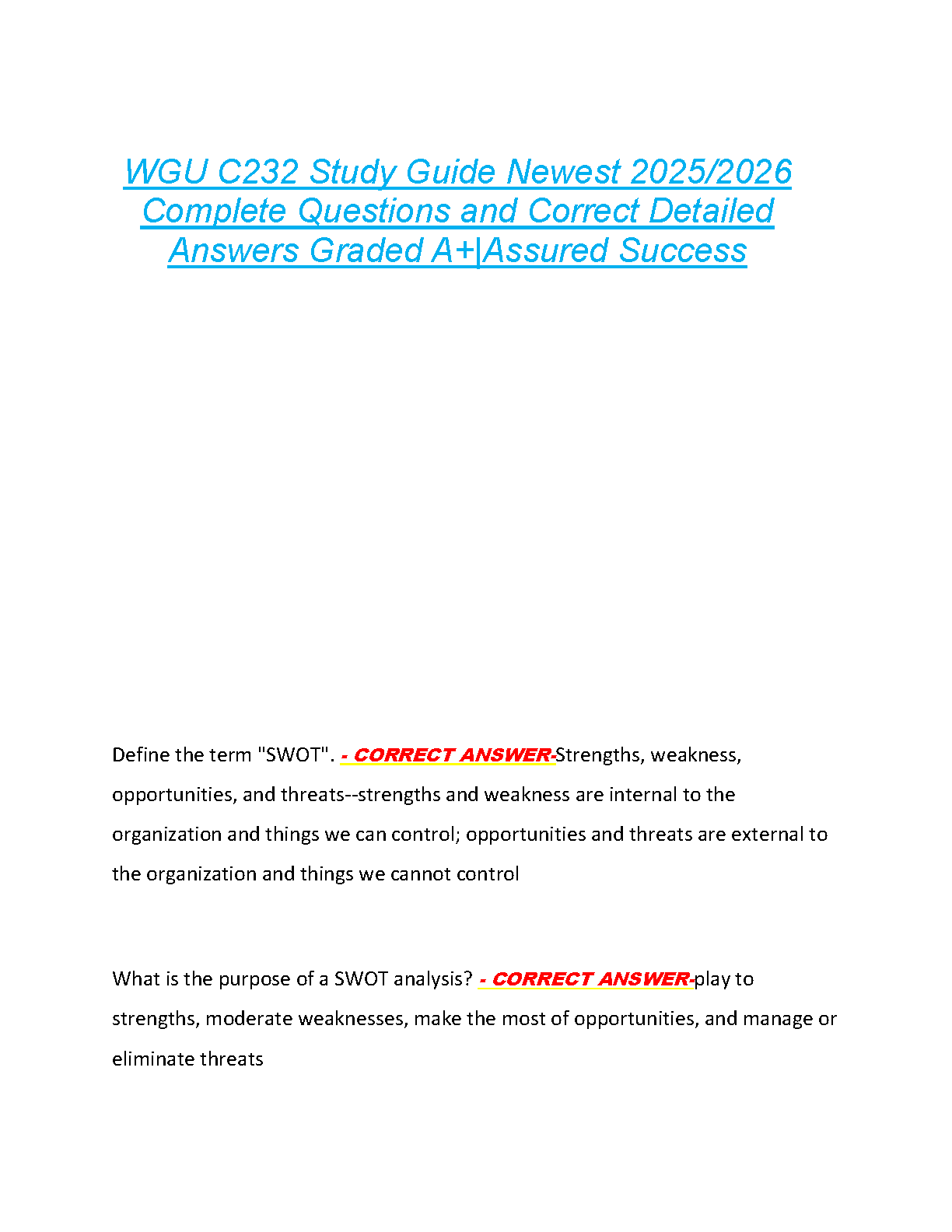 WGU C232 Introduction to HR Management Test Bank: Verified Answers for First-Attempt Success (2025/2026)