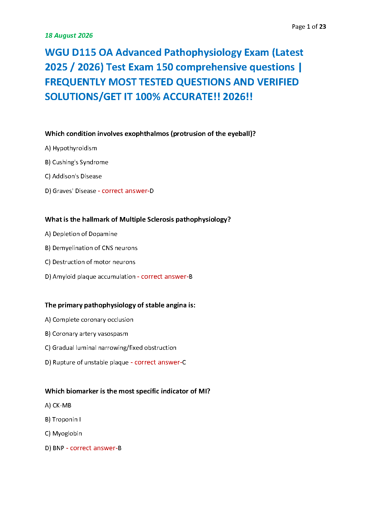 WGU D115 Advanced Pathophysiology Verified Exam Guide with 150 Questions and Answers for Nursing Students