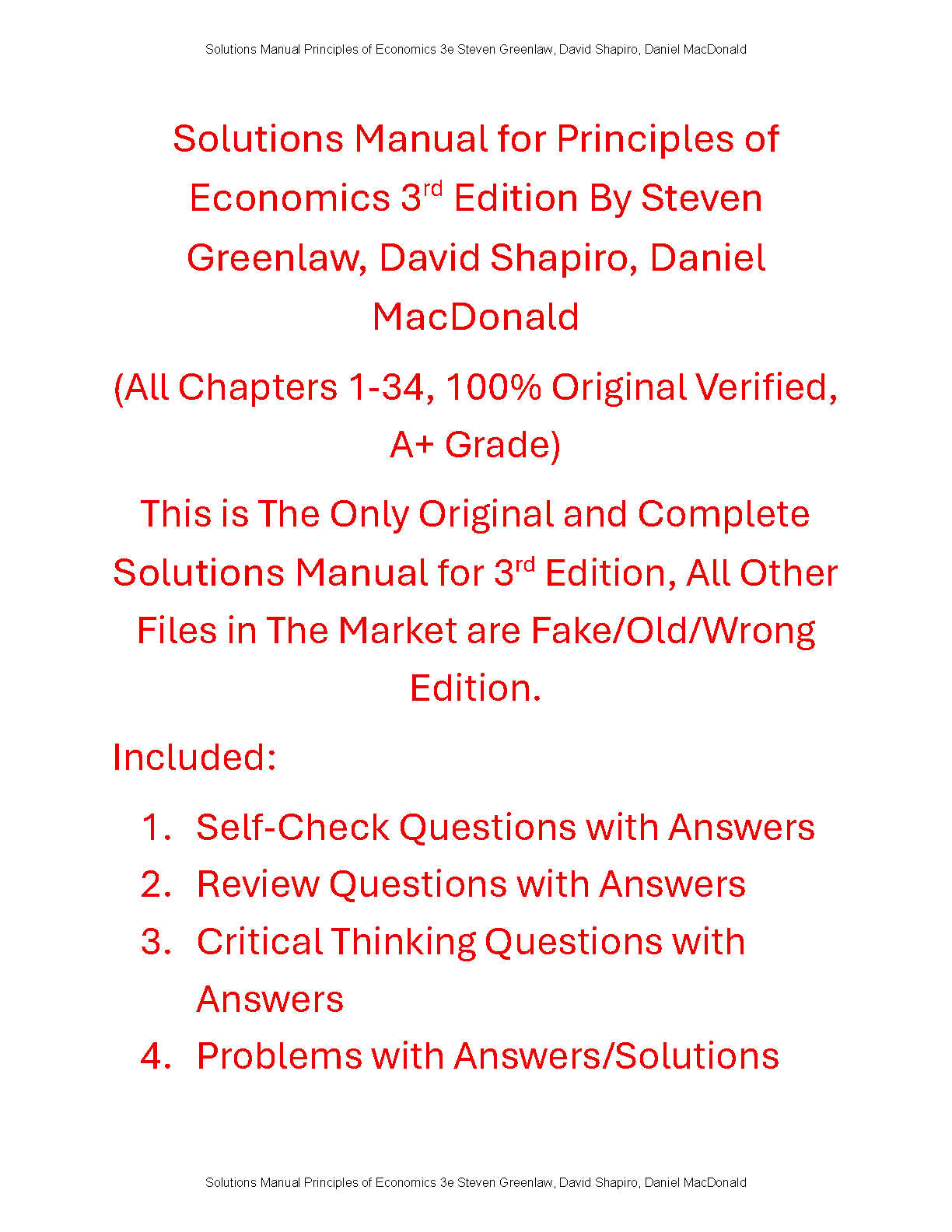 Solutions Manual for Principles of Economics 3rd Edition by Steven Greenlaw David Shapiro Daniel MacDonald Complete Chapters