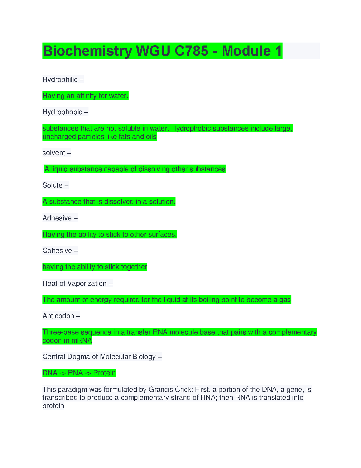 WGU C785 Biochemistry Module 1 Study Guide: Master Key Terms and Central Dogma Concepts for 2025/2026 Success