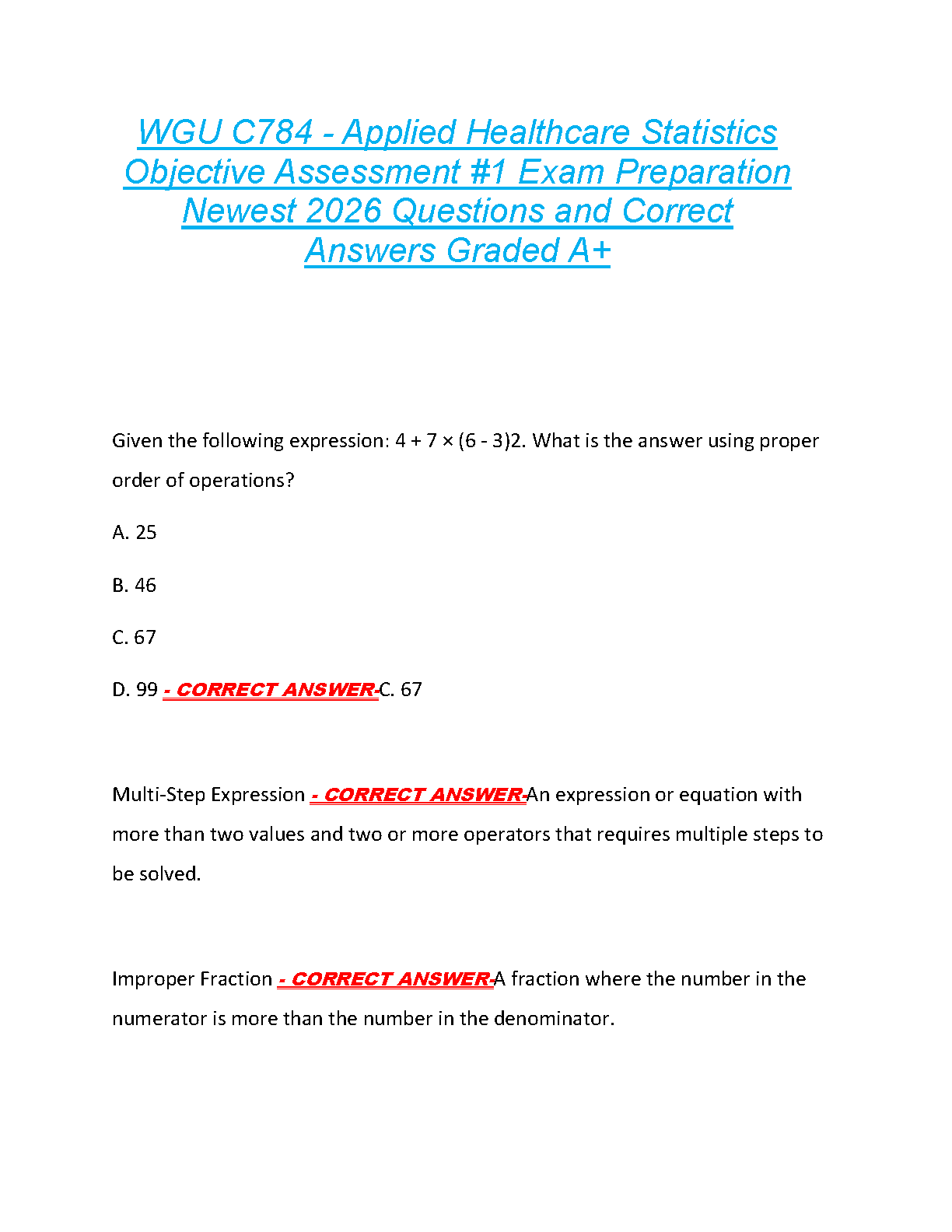 WGU C784 Applied Healthcare Statistics Objective Assessment 1 Test Bank 2025/26 Verified Answers