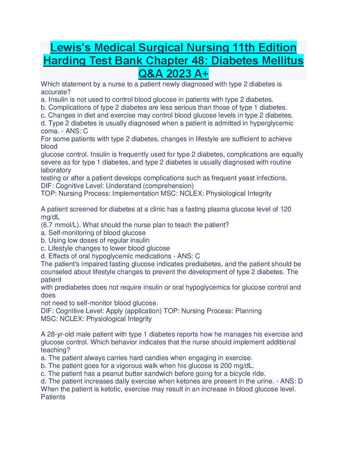 Lewis's Medical Surgical Nursing Chapter 48 Diabetes Mellitus Q&A Study Guide