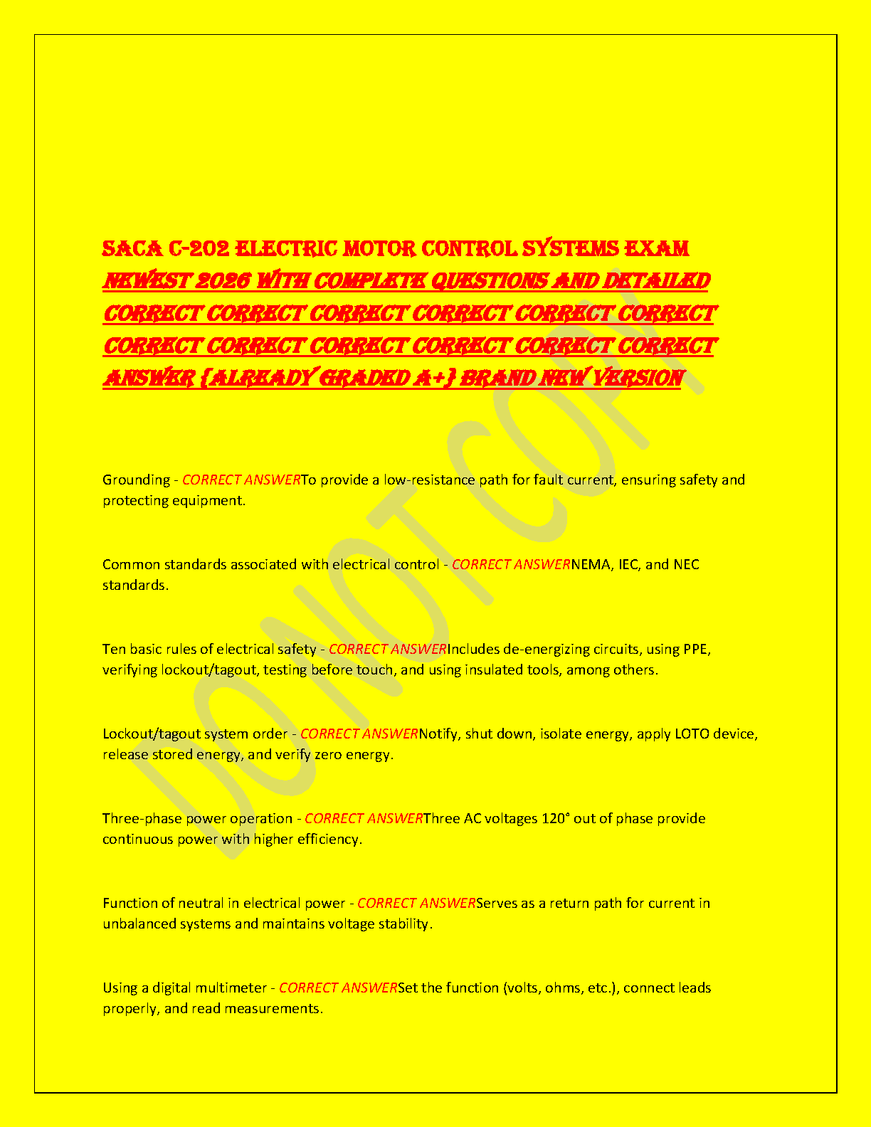 Saca Test Example SACA C-202 Electric Motor Control Systems Exam Test Bank 2026 Edition ...