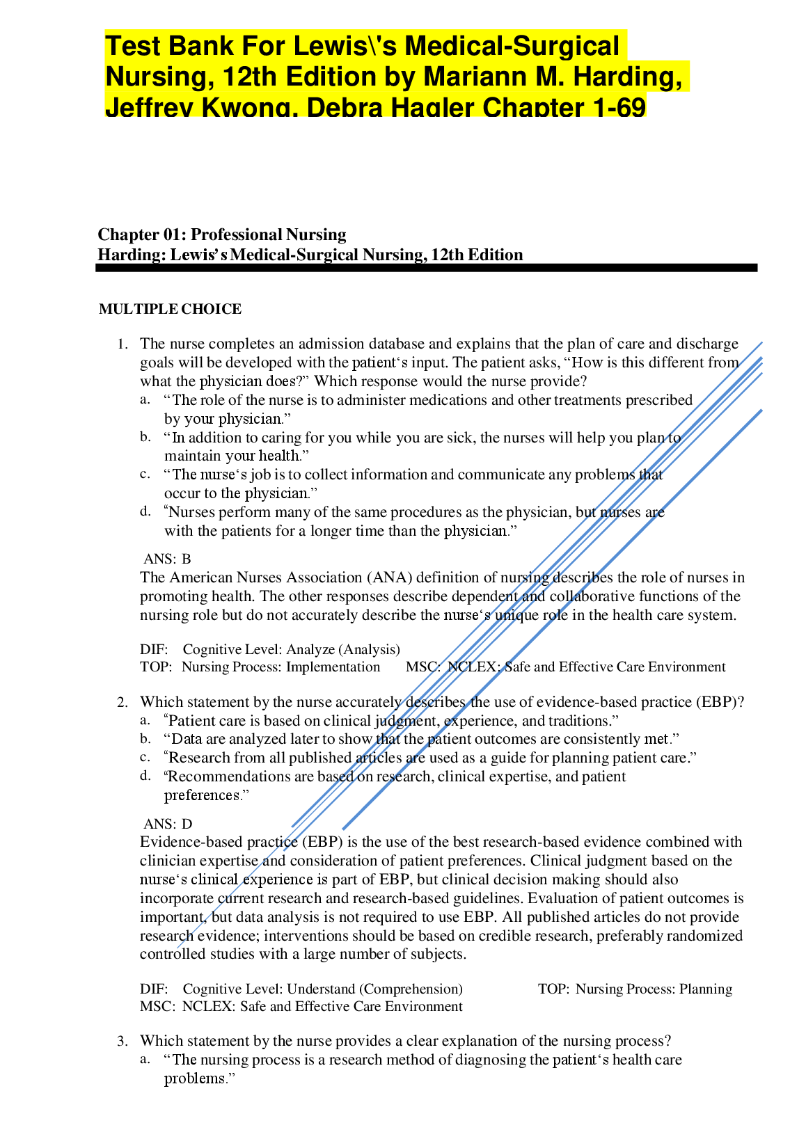 Test Bank for Lewis's Medical-Surgical Nursing, 12th Edition by Harding, Kwona, and Hadeler (Ace Your Exams)