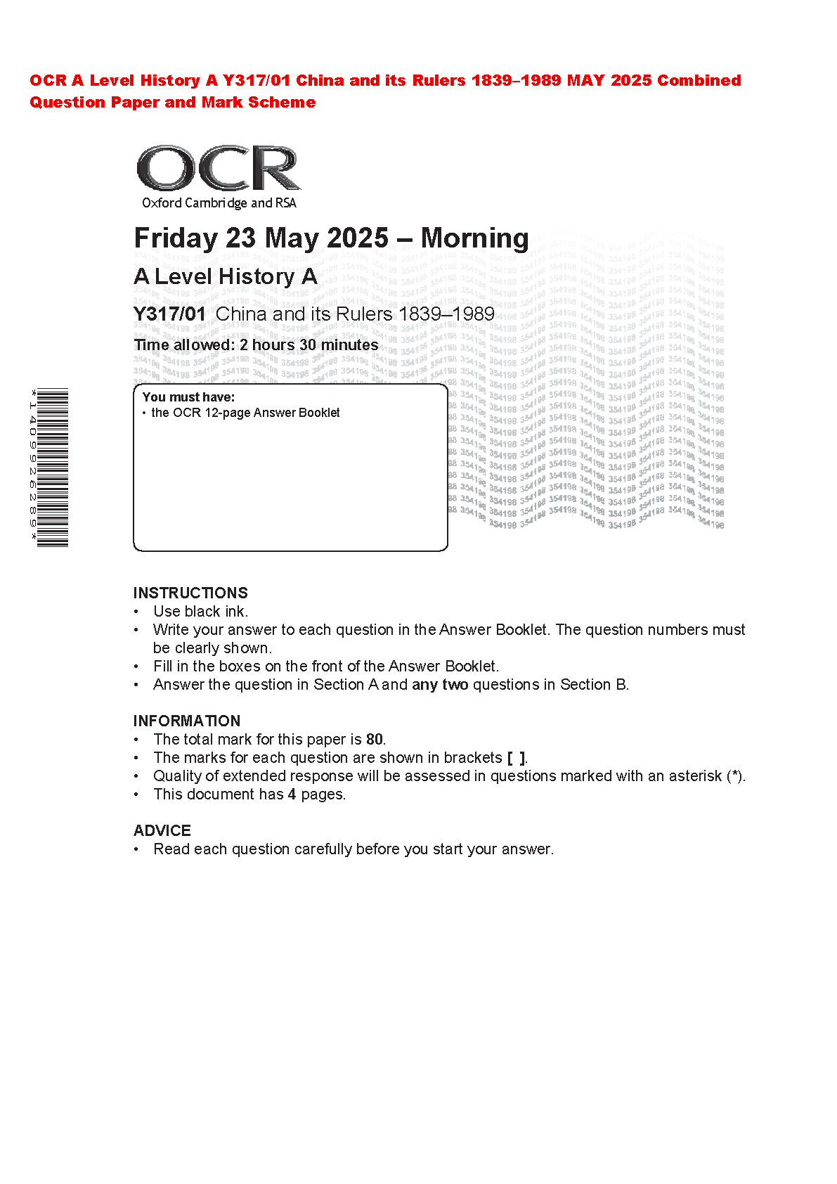 OCR A Level History Y317/01 China and its Rulers 1839–1989 May 2025 Combined Question Paper and Mark Scheme