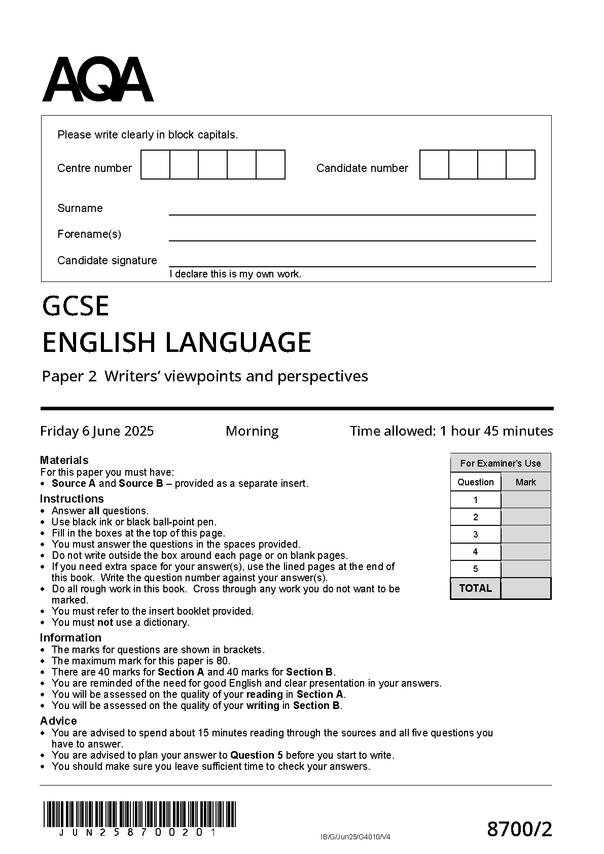 MERGED 2025 AQA GCSE ENGLISH LANGUAGE Paper 2 and Mark Scheme + Insert(8700/2: Writers’ viewpoints and perspectives)