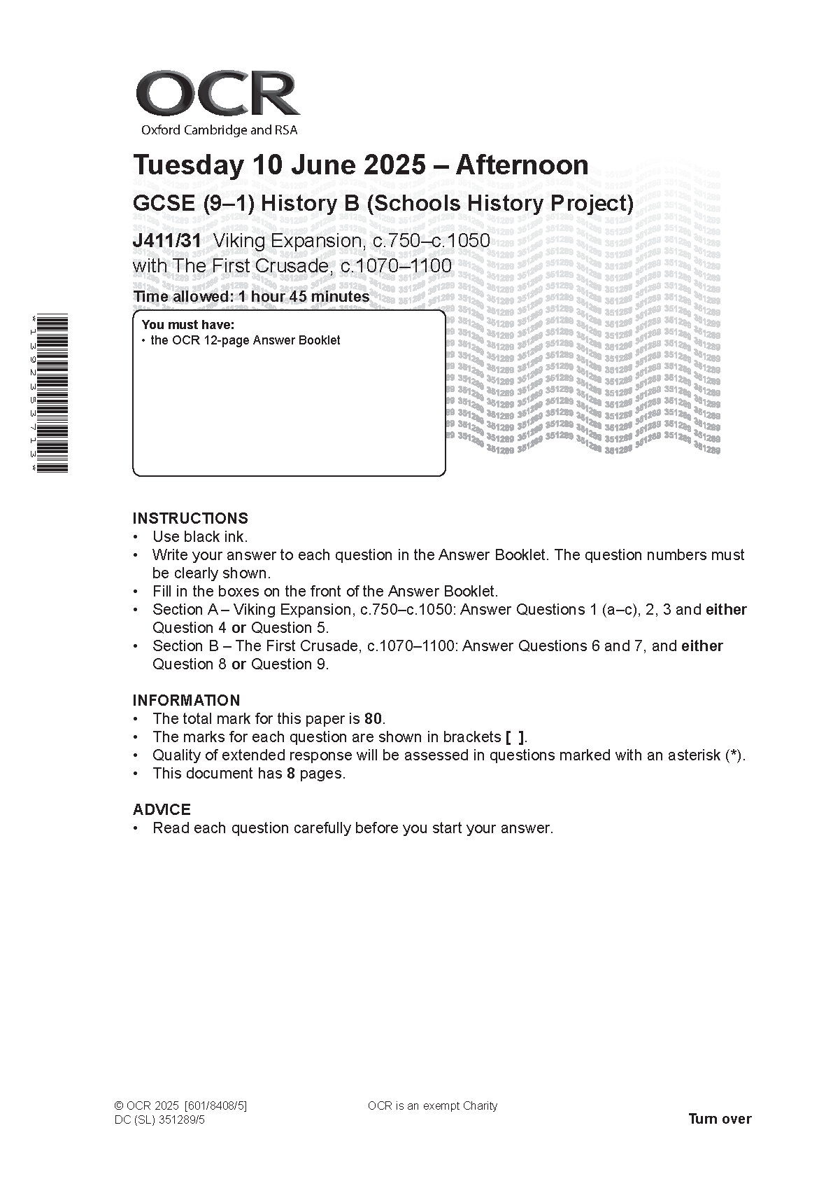 2025 OCR GCSE History B Schools History Project Paper 31 (J411/31: Viking Expansion, c.750–c.1050 with The First Crusade, c.1070–1100)