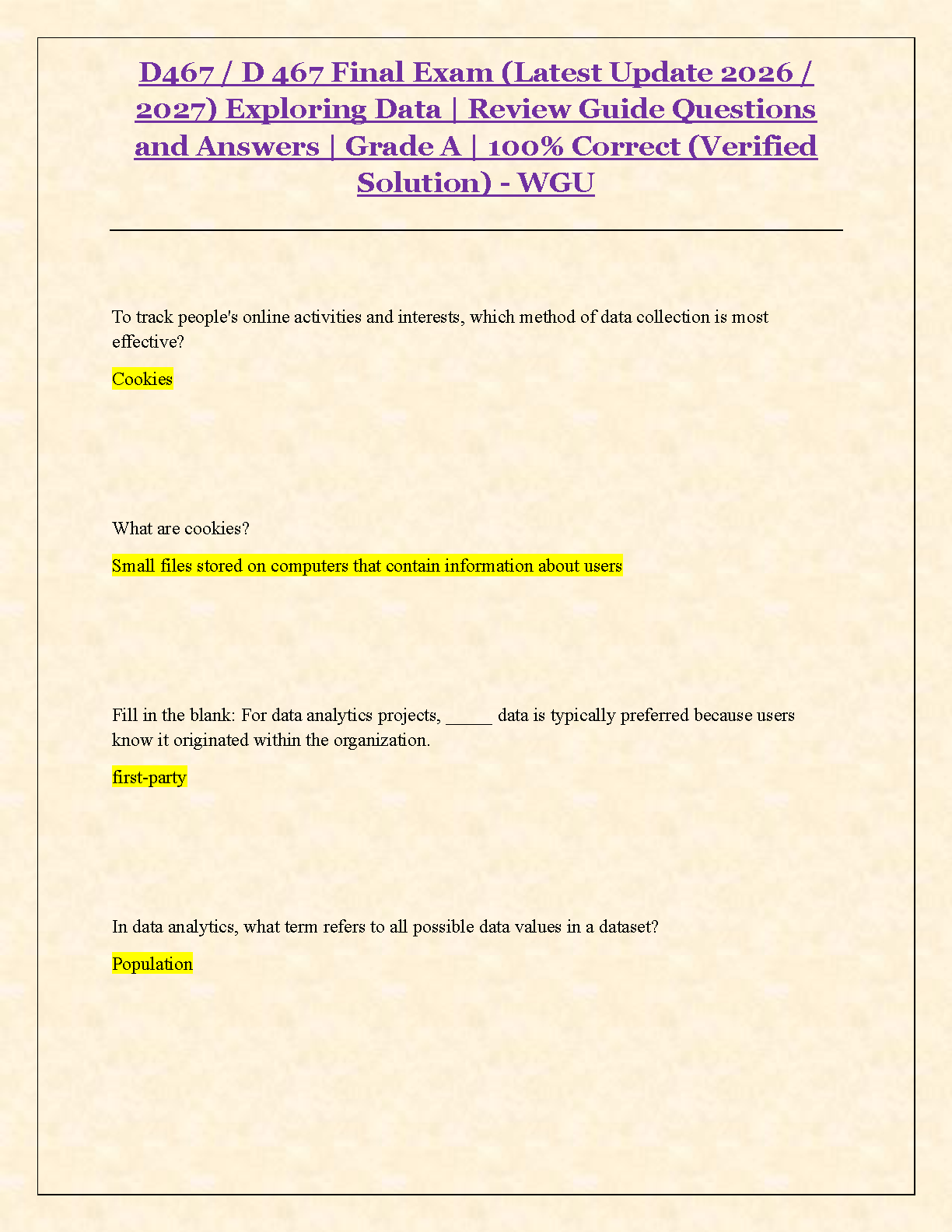 WGU D467 Exploring Data Final Exam Test Bank 2025/2026 Verified Questions and Answers Guide for Students Aiming to Ace First Try