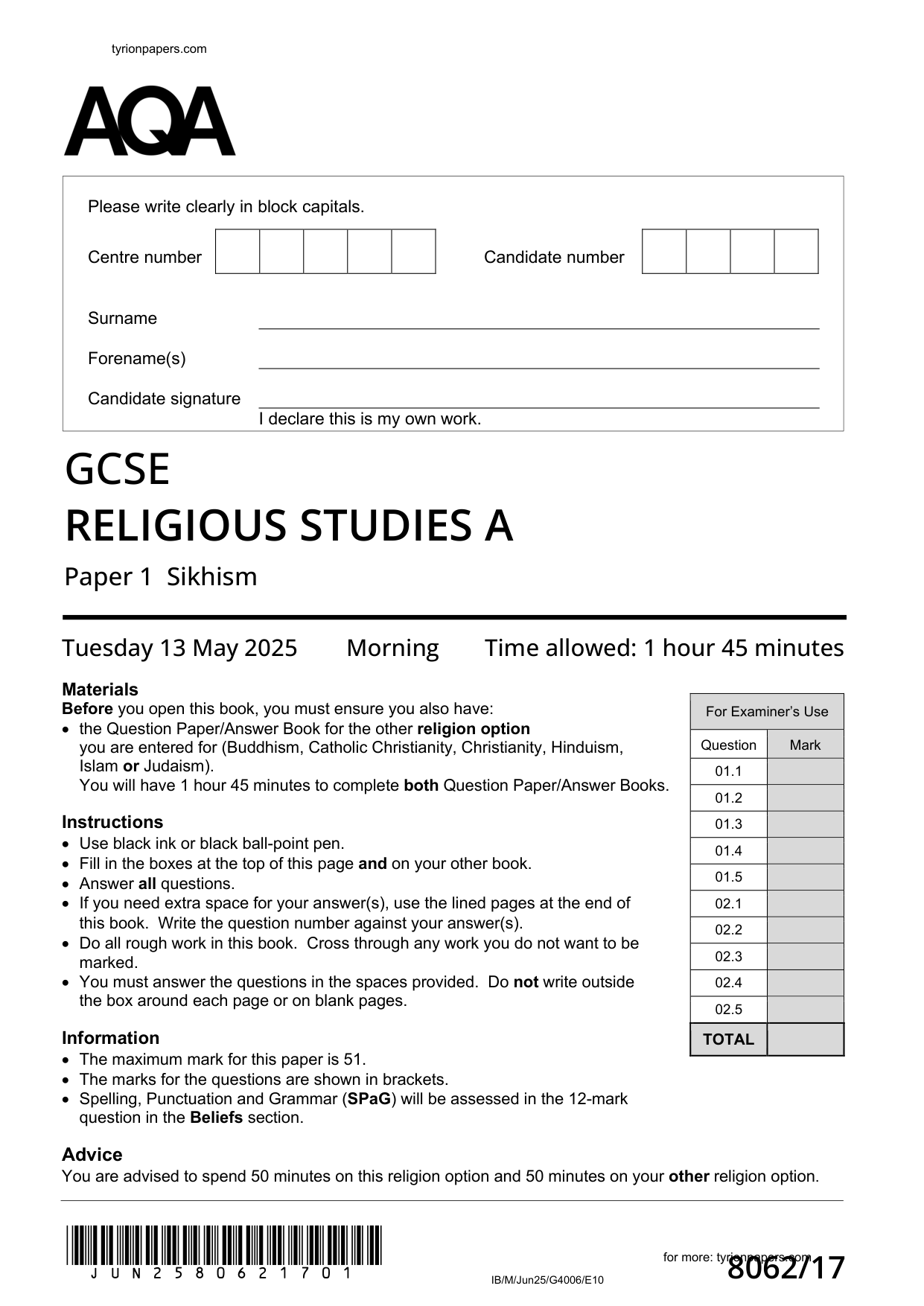 AQA GCSE Religious Studies A paper 1 2025 Question Paper