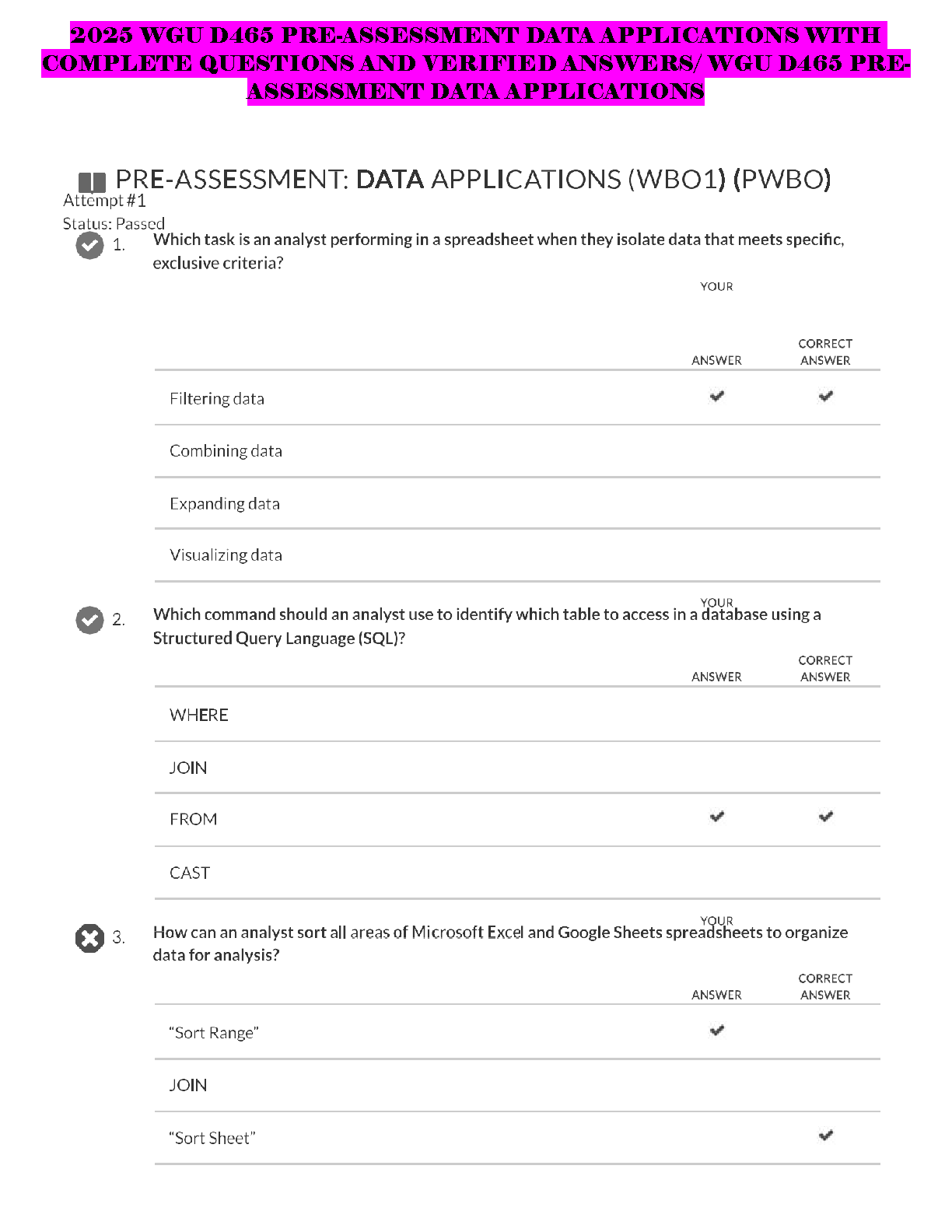 2025 WGU D465 Pre-Assessment Data Applications Complete Questions and Verified Answers Study Guide