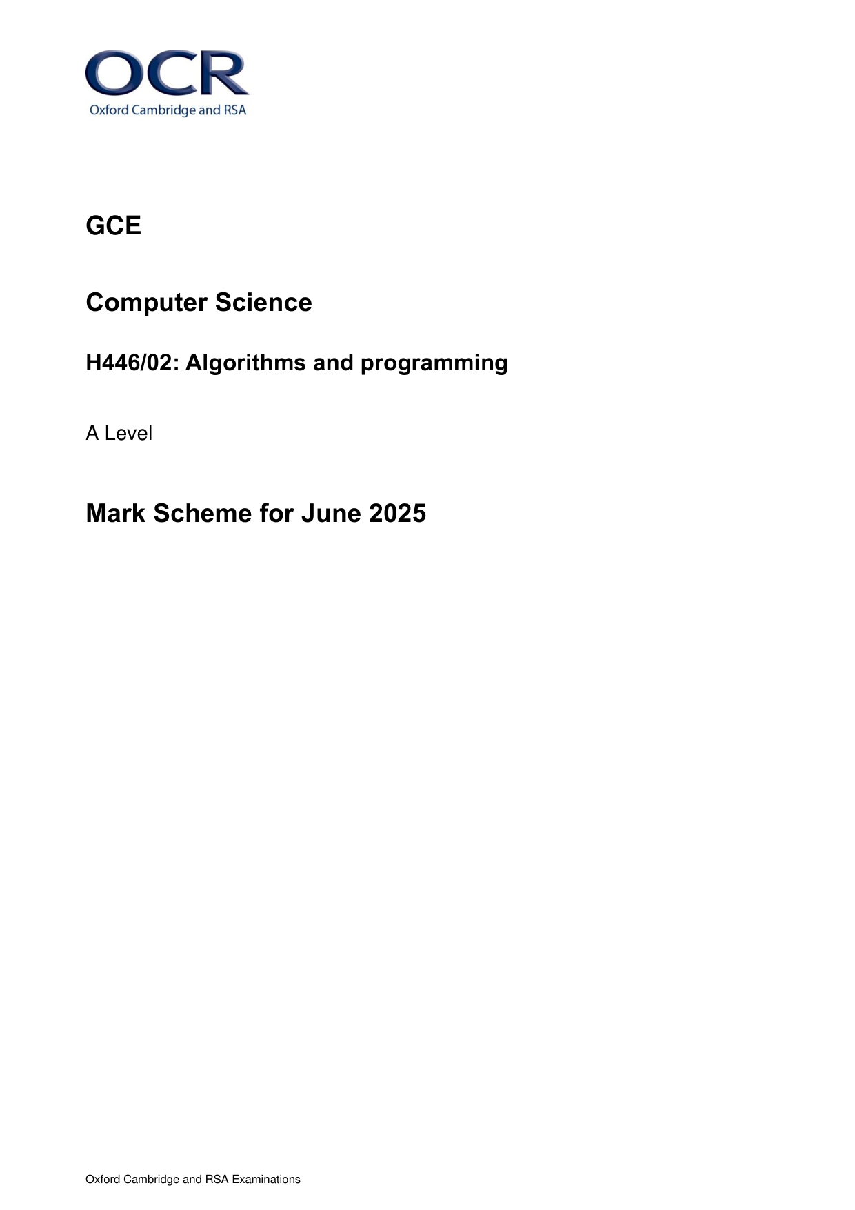 OCR A Level Computer Science Paper 2 Mark Scheme