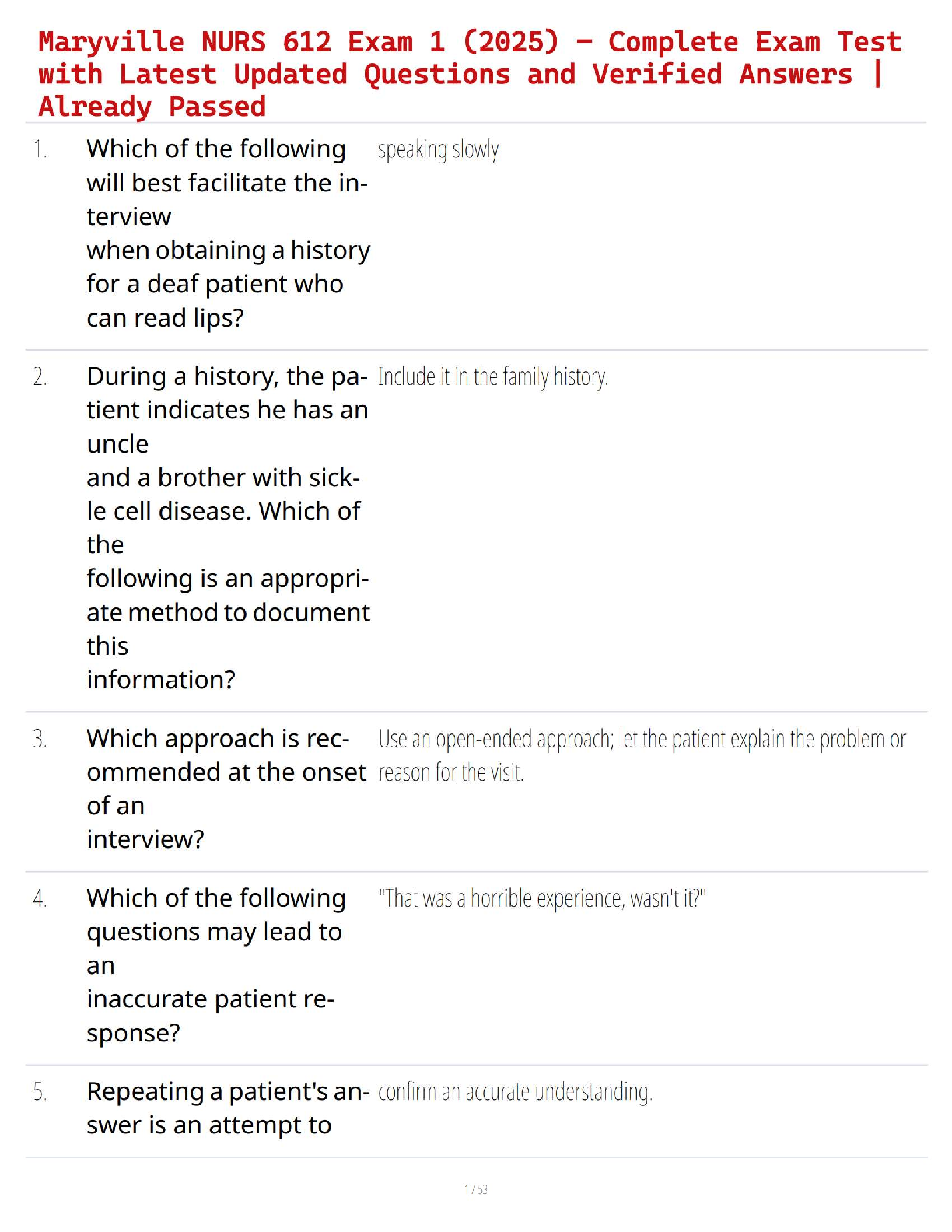 Maryville NURS 612 Exam 1 (2025) Complete Test Bank with Updated Questions and Verified Answers