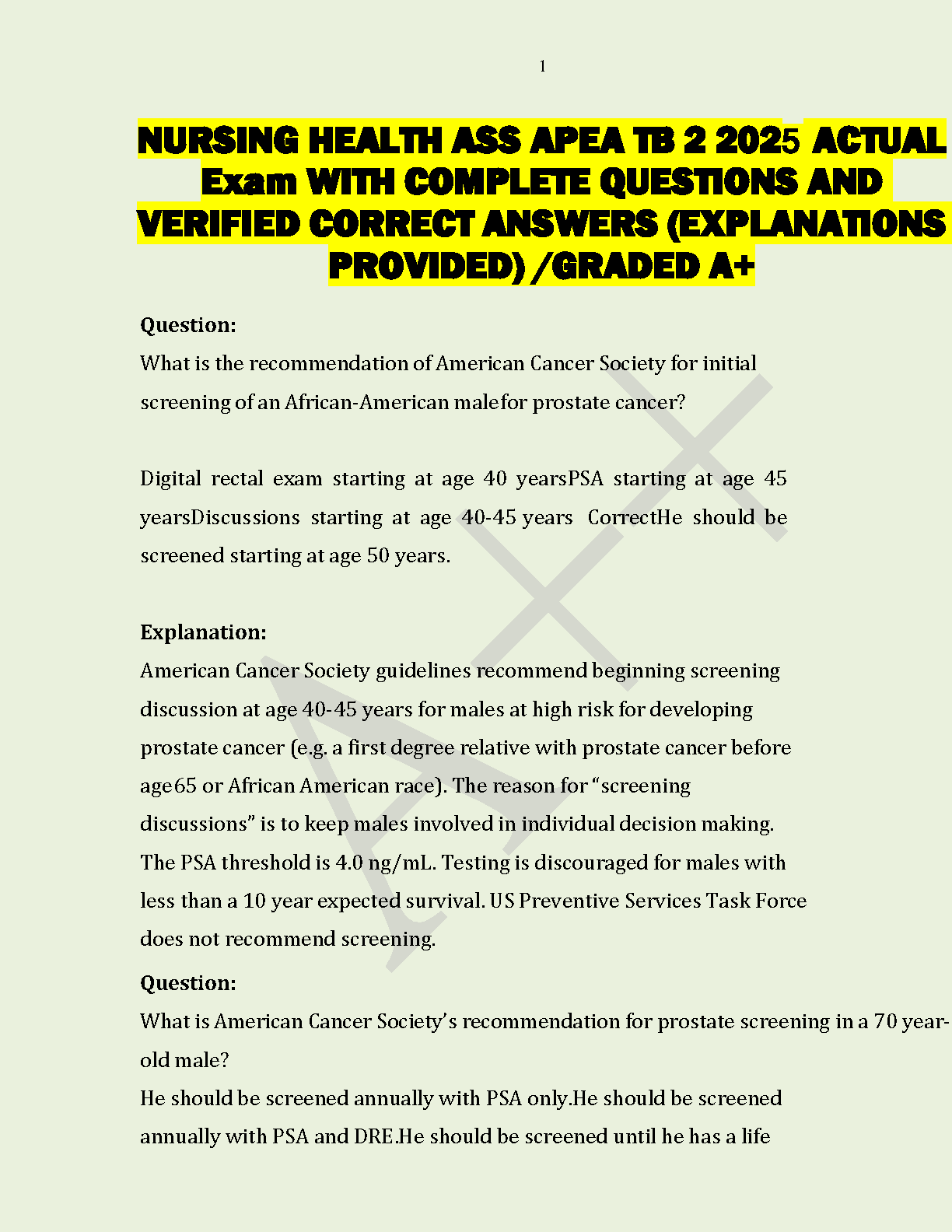 APEA Nursing Health Assessment Test Bank 2 (TB 2) 2025 | Verified Exam Questions and Answers with Detailed Explanations