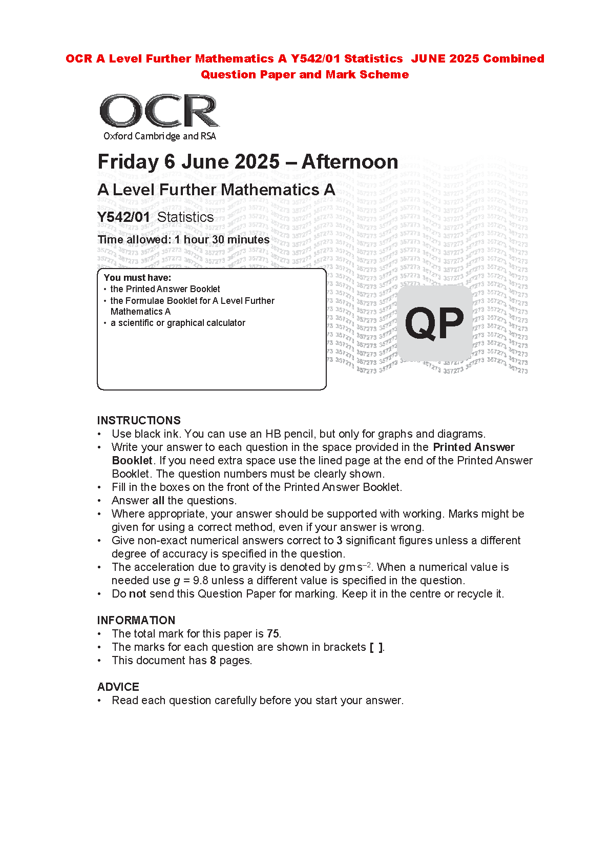 A Level Further Mathematics A Statistics Y542/01 June 2025 Past Paper Question Paper For The 2026/2027 Academic Year Complete Exam Resource