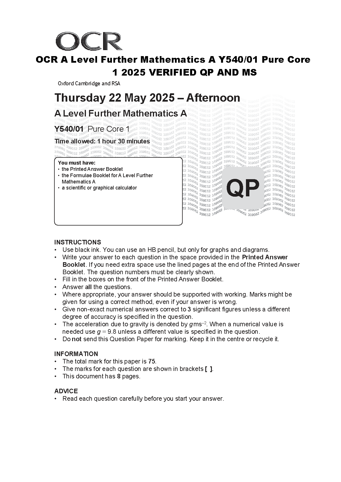 OCR A Level Further Mathematics Y540/01 Pure Core 1 May 2025 Verified Question Paper and Mark Scheme for Academic Excellence