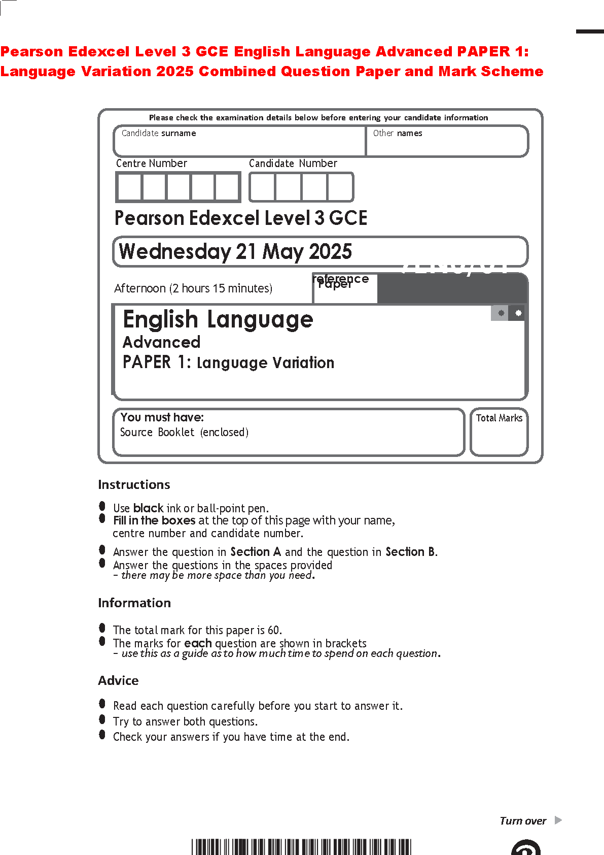 Pearson Edexcel Level 3 GCE English Language Advanced Paper 1 Language Variation 2025 Combined Question Paper and Mark Scheme for Students