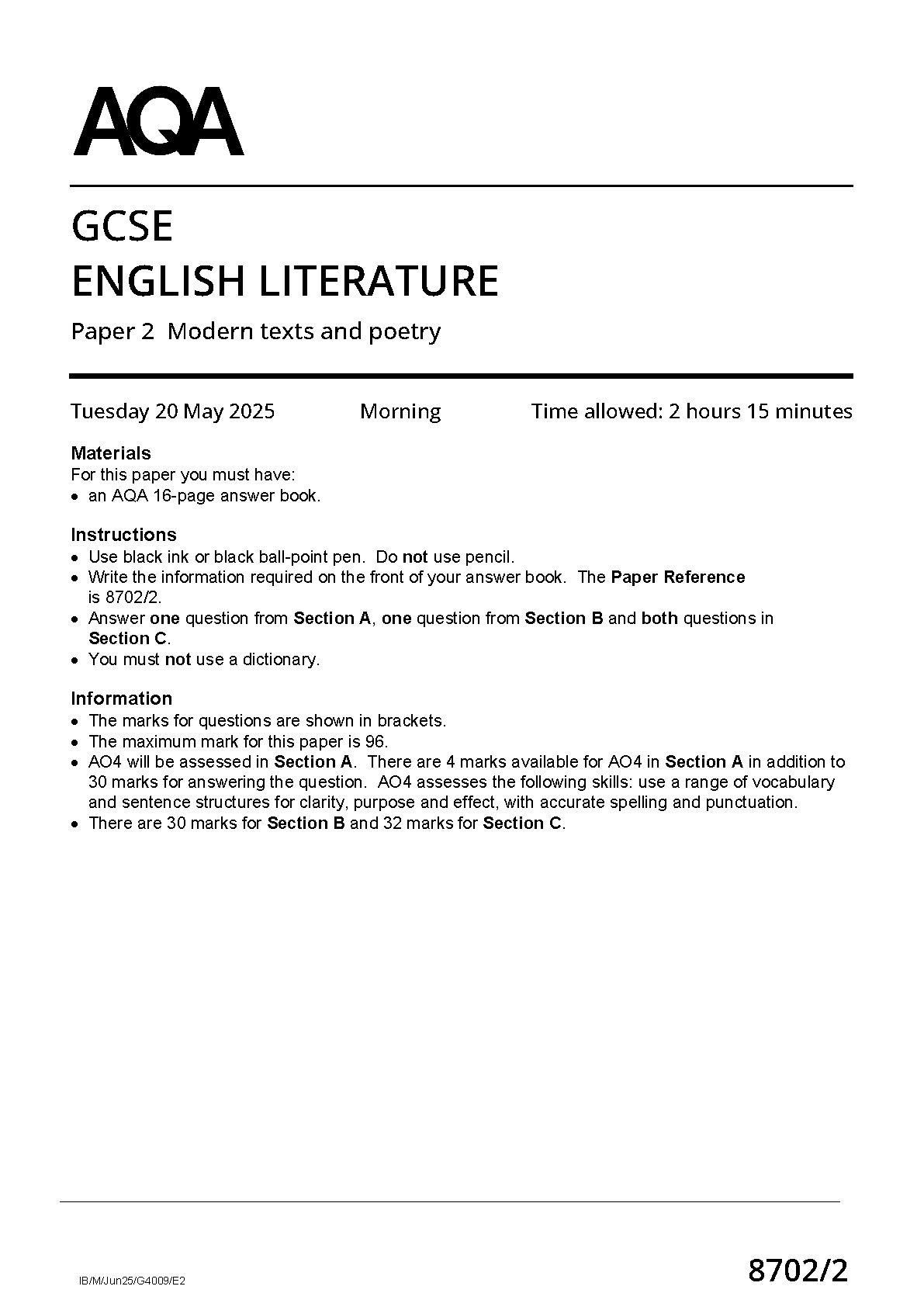 BUNDLE 2025 AQA GCSE ENGLISH LITERATURE Paper 2 Question Paper and Mark Scheme (8702/2: Modern texts and poetry)