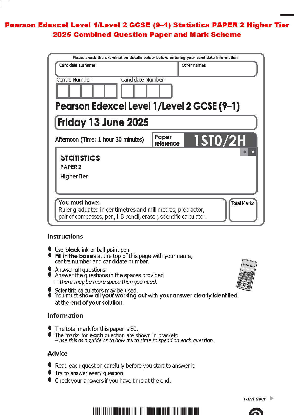 Pearson Edexcel GCSE Statistics Paper 2 Higher Tier June 2025 Question Paper and Mark Scheme