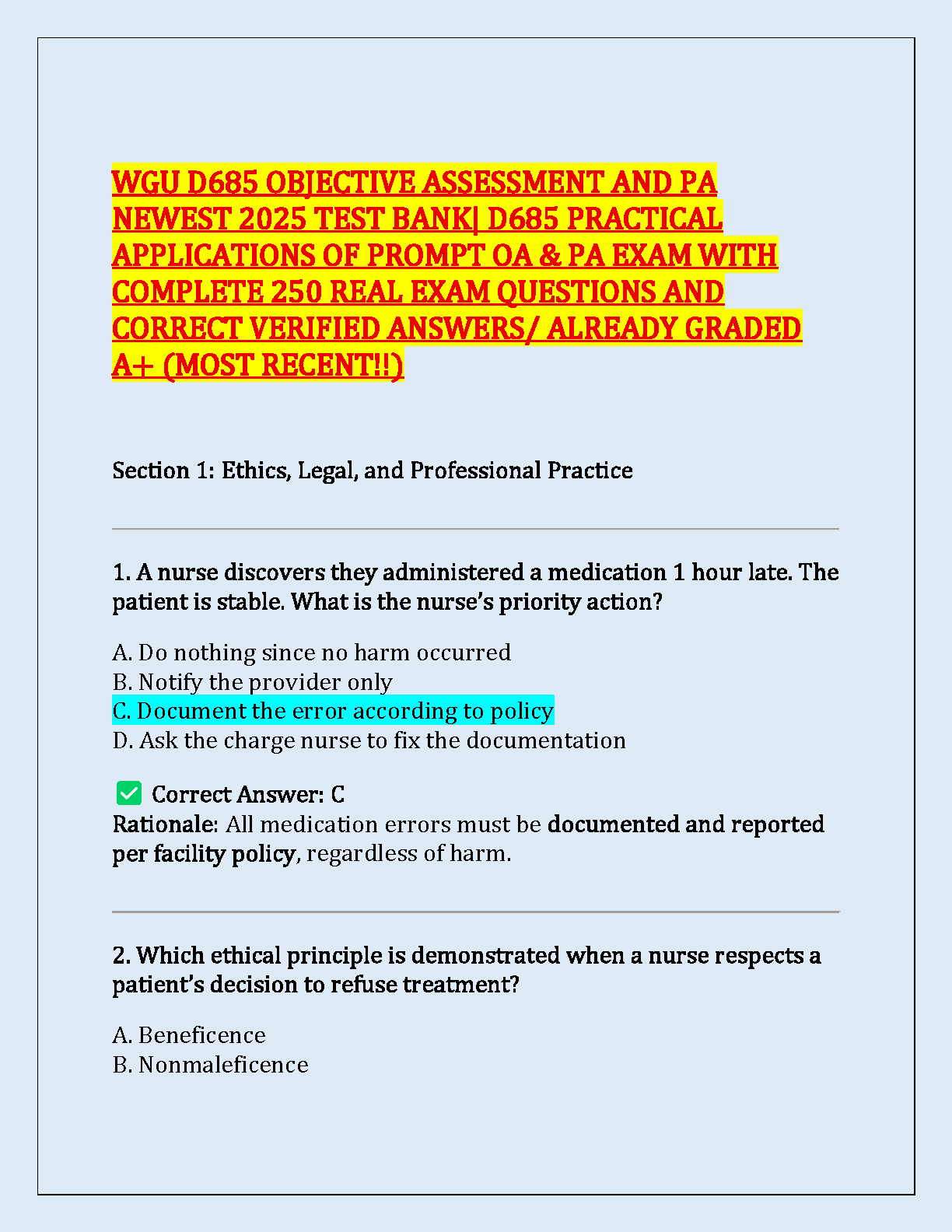 WGU D685 Objective Assessment & PA Exam 2025 Test Bank with 250 Verified Answers and Rationales for Ethics and Legal Practice