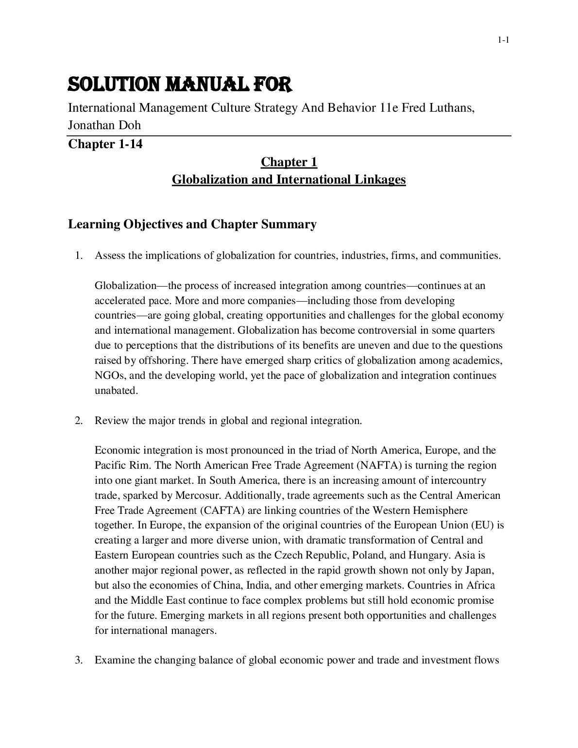 Solution Manual For International Management Culture Strategy And Behavior, 11th Edition by Fred Luthans, Jonathan Doh