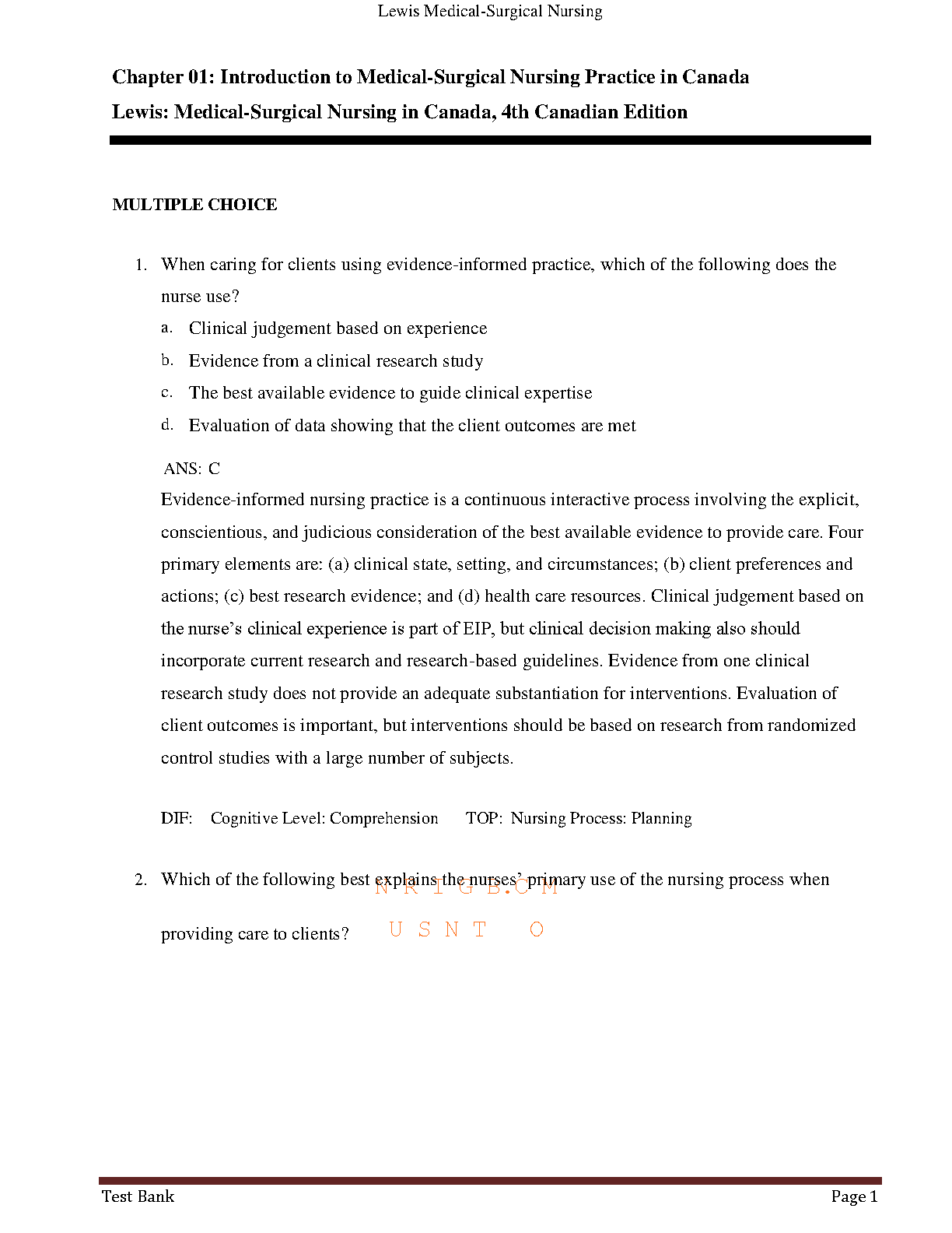 Lewis's Medical-Surgical Nursing in Canada Test Bank, 4th Canadian Edition Questions and Answers