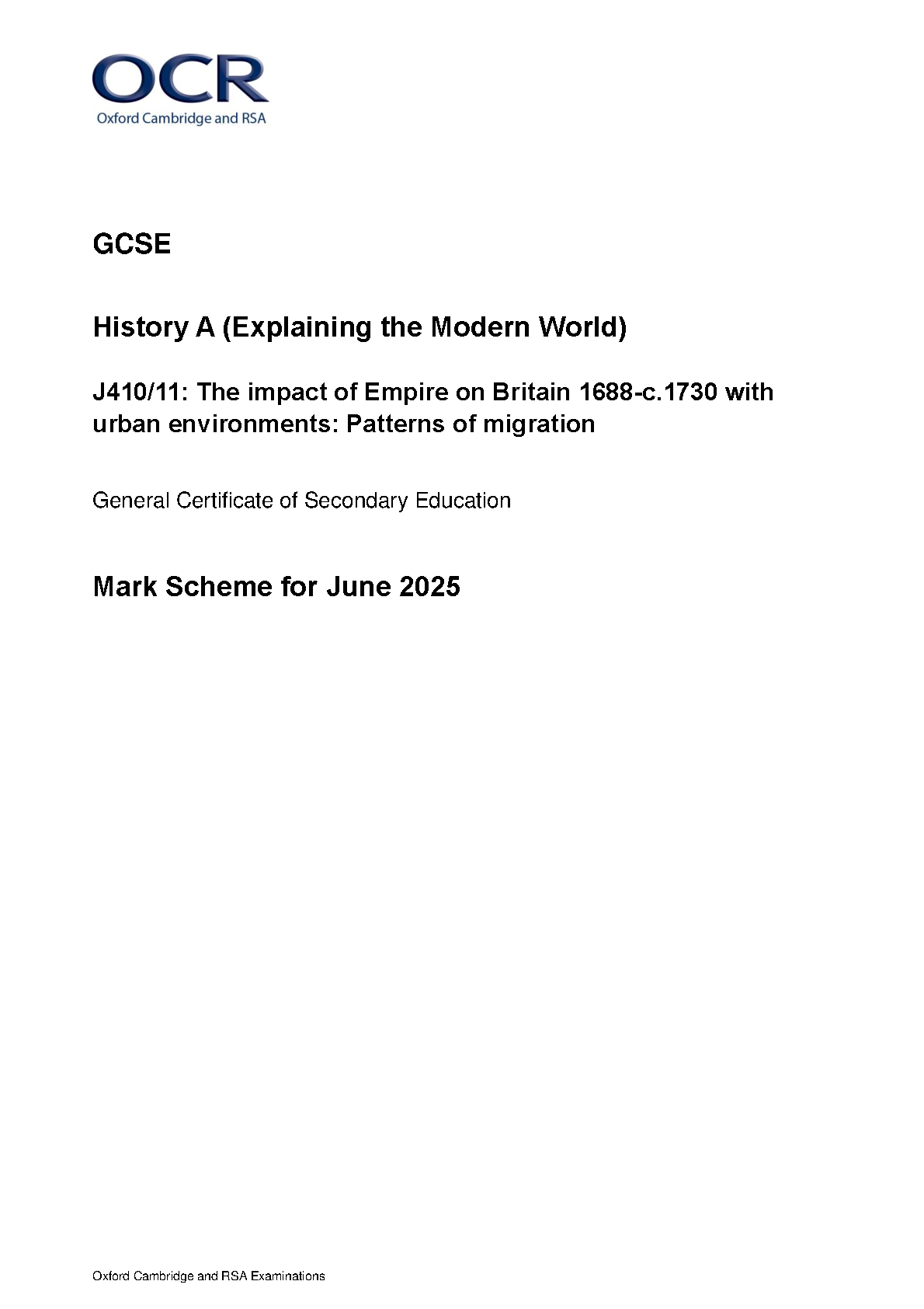 OCR GCSE History A Paper 11 2025 Mark Scheme PDF