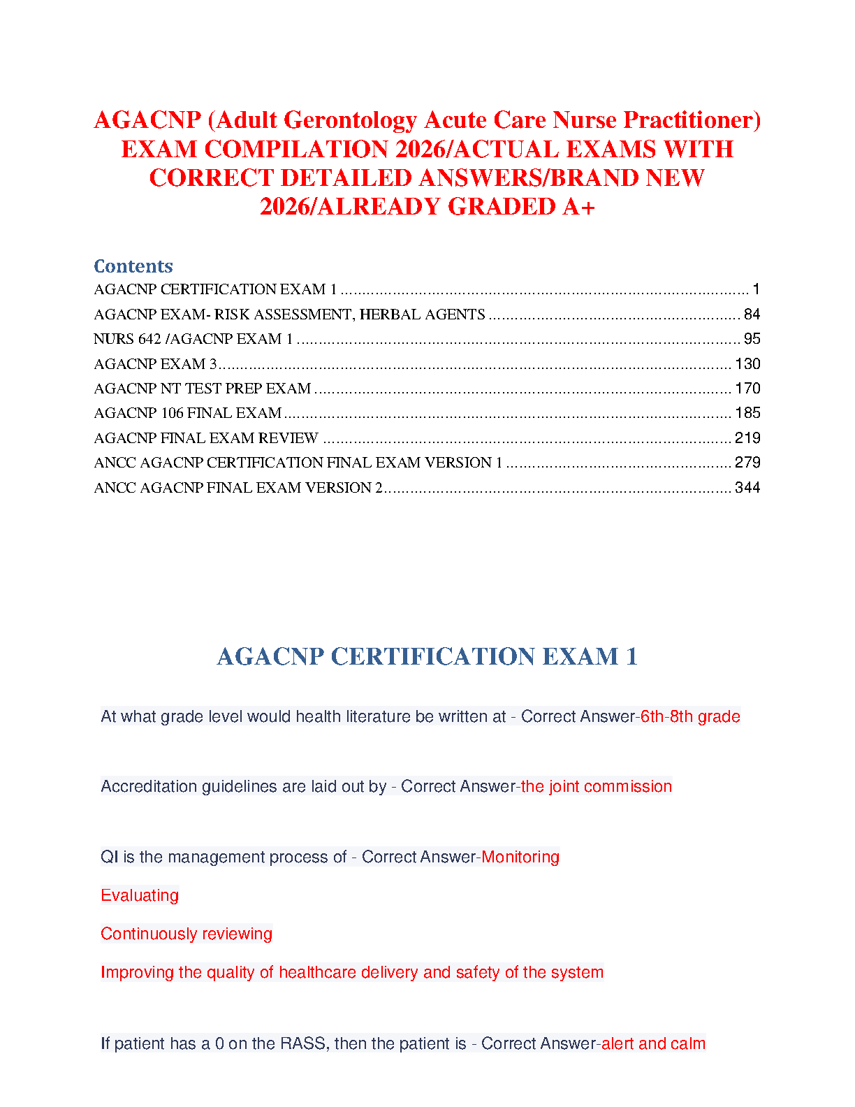 AGACNP Certification Test Bank 2026: Verified Questions and Answers for Adult Gerontology Acute Care Exam Success
