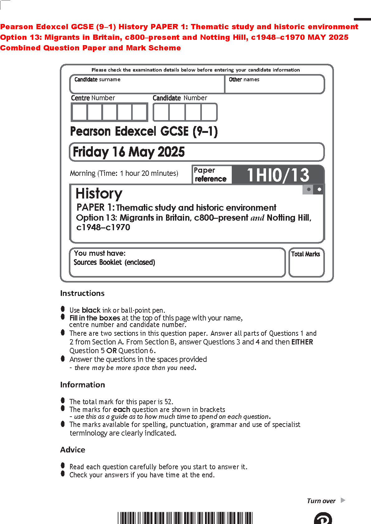 Pearson Edexcel GCSE History Paper 1 Option 13 Migrants in Britain Notting Hill May 2025 Question Paper and Mark Scheme New Release