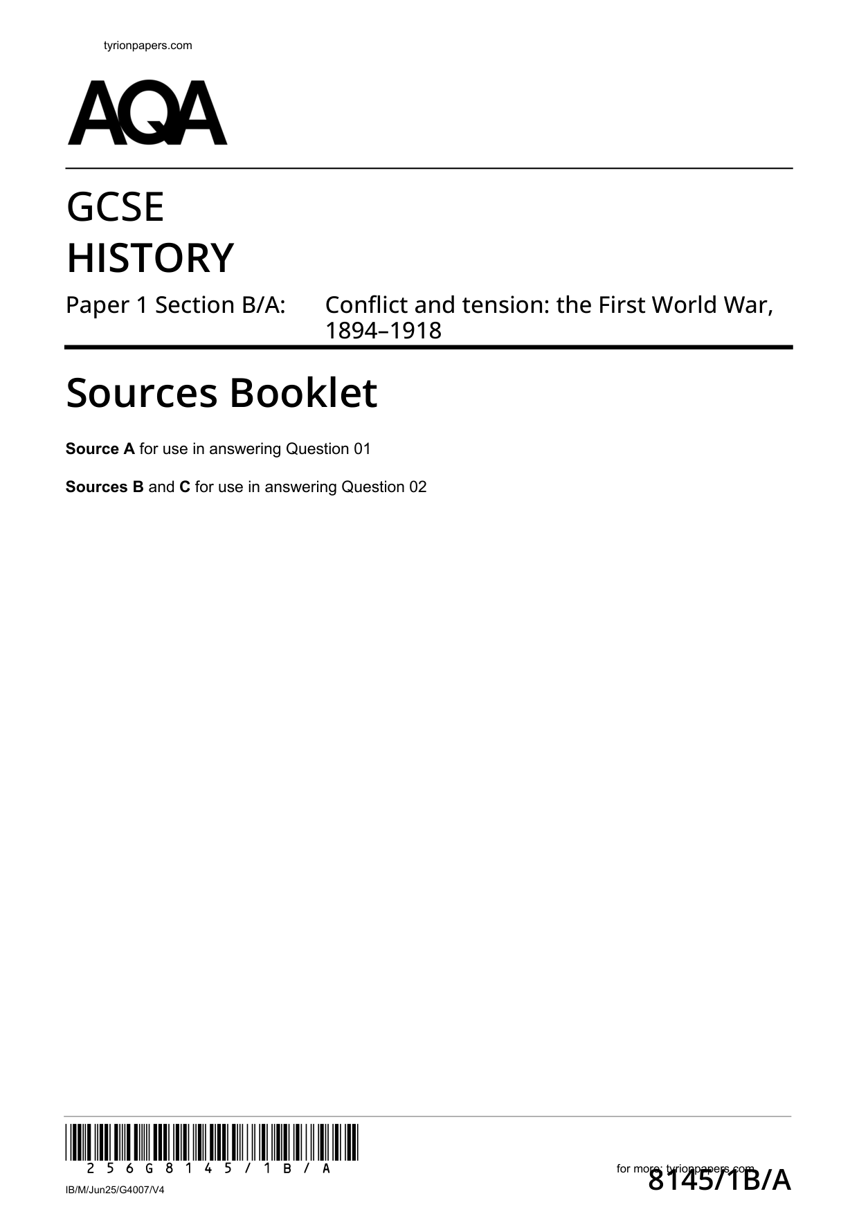 AQA GCSE History Paper 1b Section B/A 2025 Sources Booklet