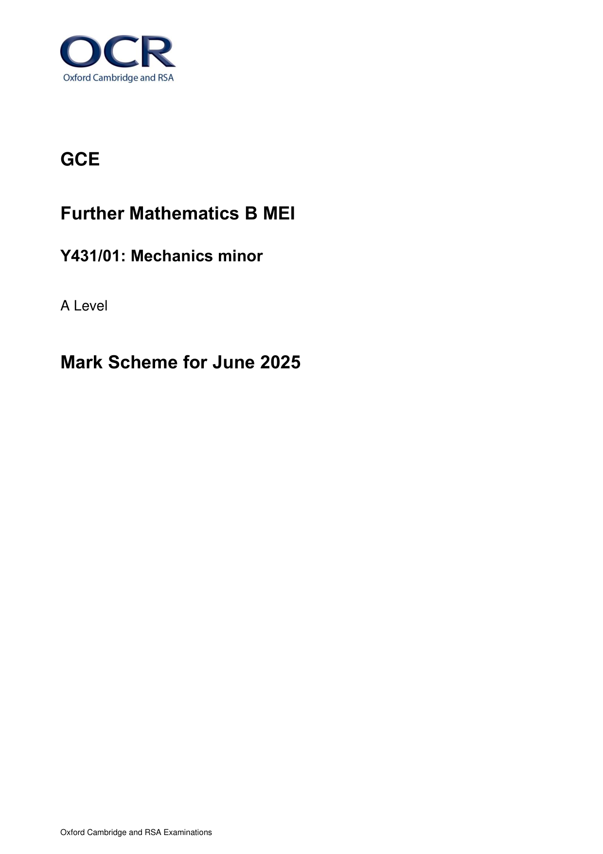 OCR A Level Further Maths Paper 1 Mechanics Minor 2025 MS