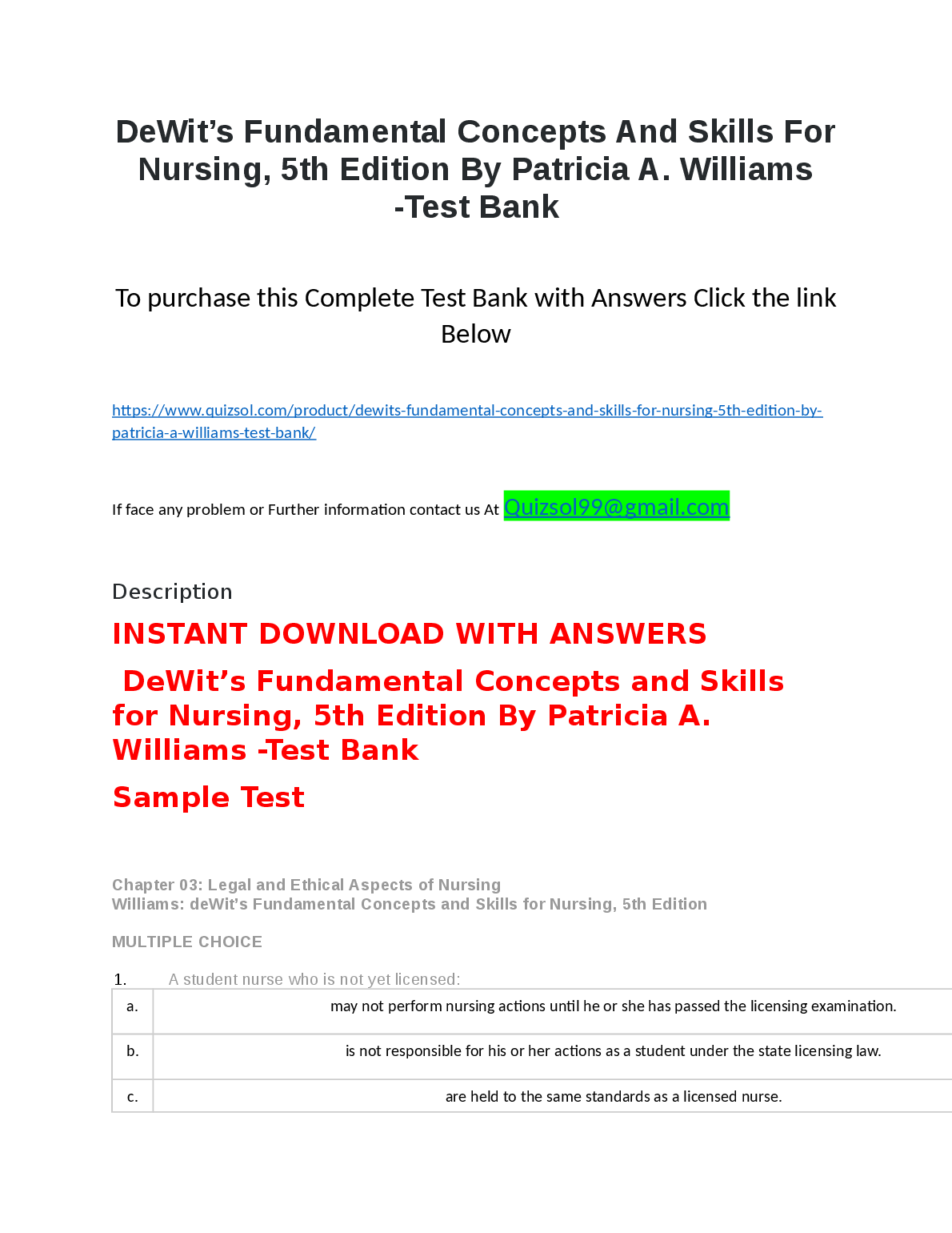 Test Bank for DeWits Fundamental Concepts and Skills For Nursing, 5th Edition by Patricia A. Williams