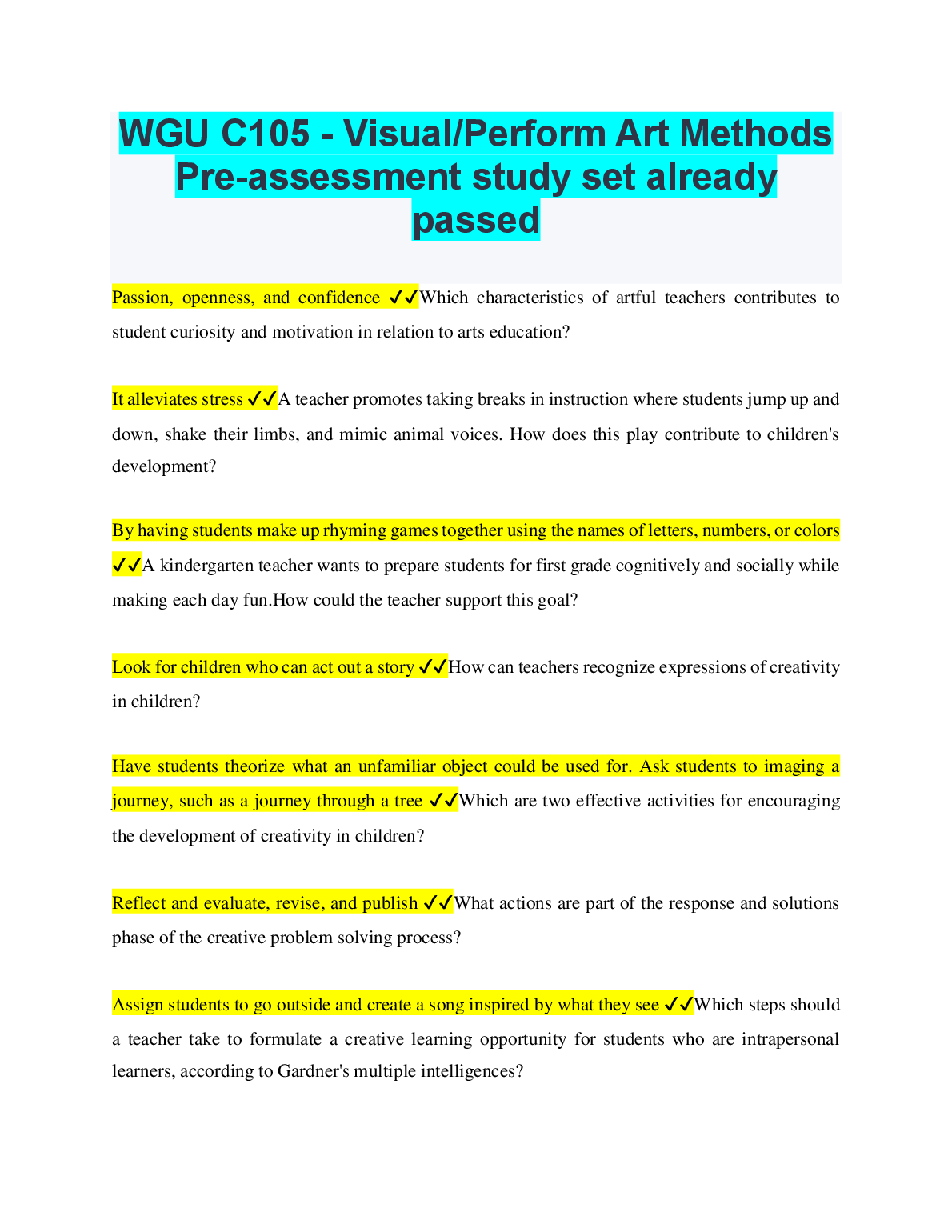 WGU C105 Visual/Perform Art Methods Pre-Assessment Study Guide and Answer Set for 2023/2024 Academic Year