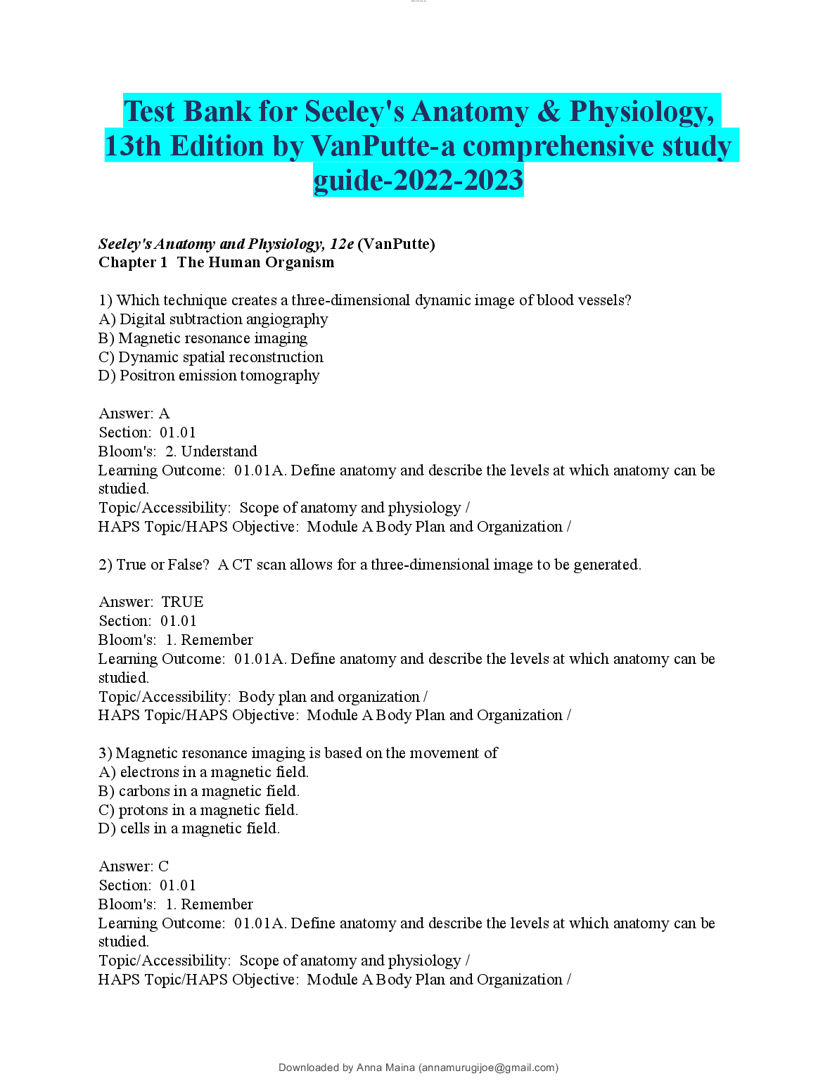 Test Bank for Seeley's Anatomy & Physiology, 13th Edition by VanPutte | Full Chapter Questions & Answers