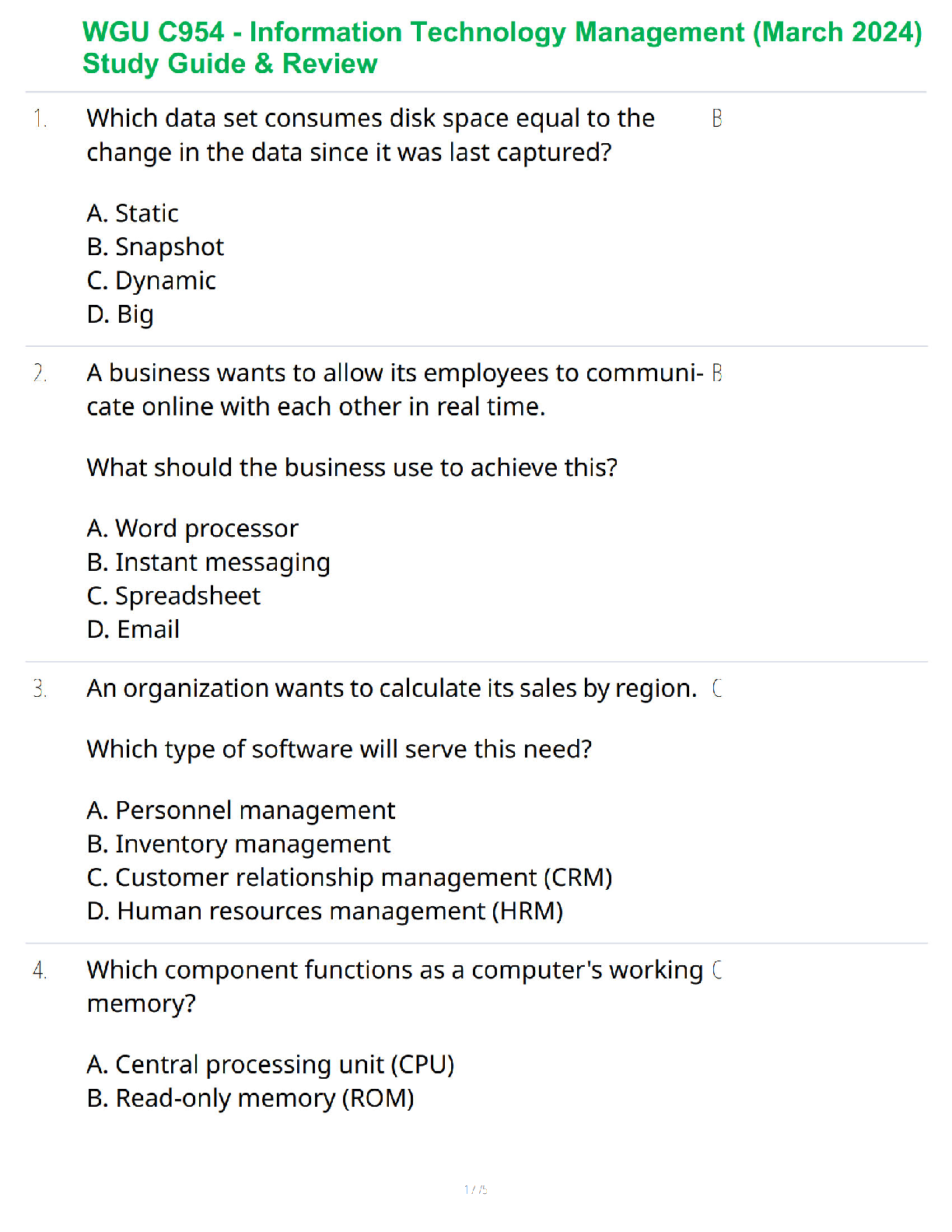 WGU C954 Information Technology Management Test Bank March 2024 Verified Questions and Answers for Exam Success