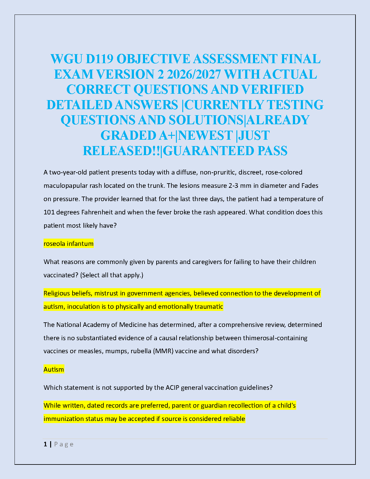 WGU D119 Advanced Health Assessment Final Exam Test Bank for 2026 and 2027