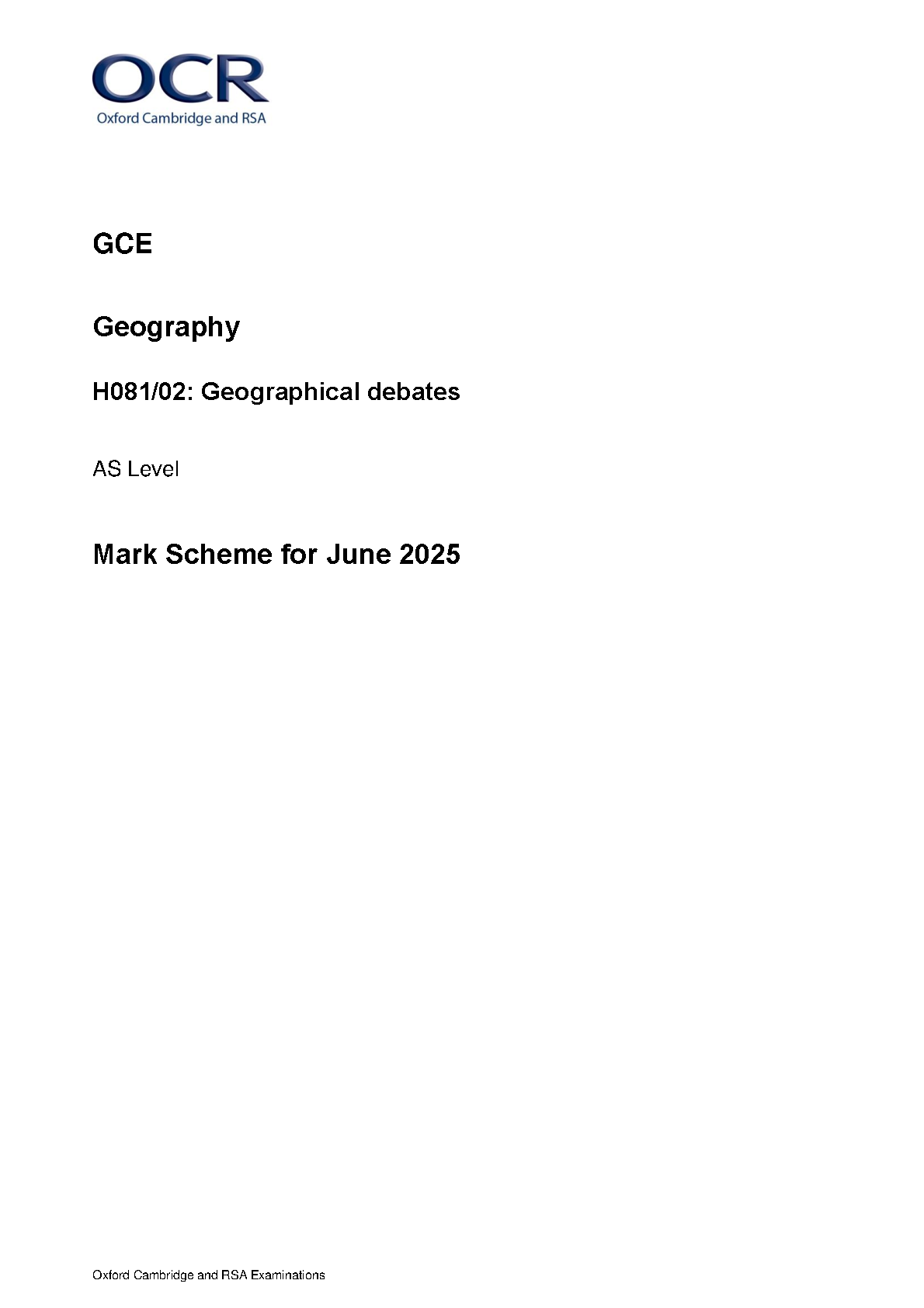 OCR AS Geography Paper 2 2025 Mark Scheme PDF