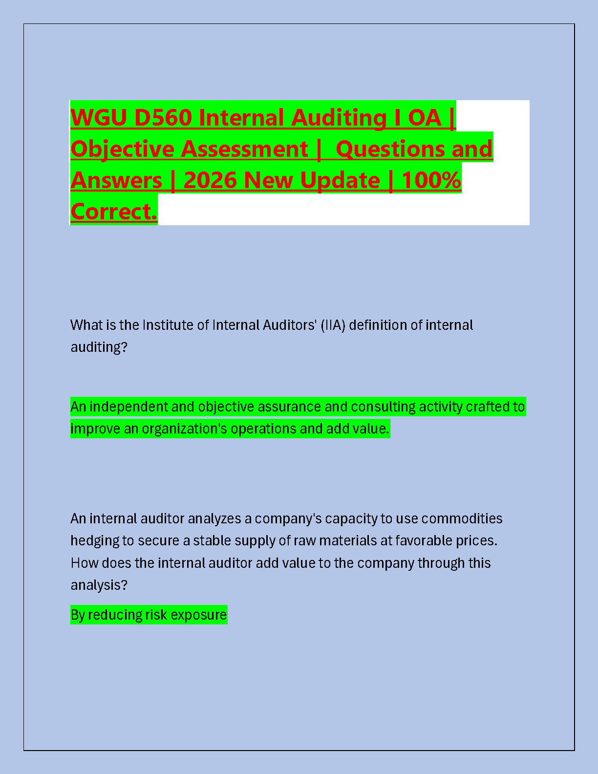 WGU D560 Internal Auditing I OA Test Bank | 2026 Edition with Verified Answers and Risk Analysis Topics