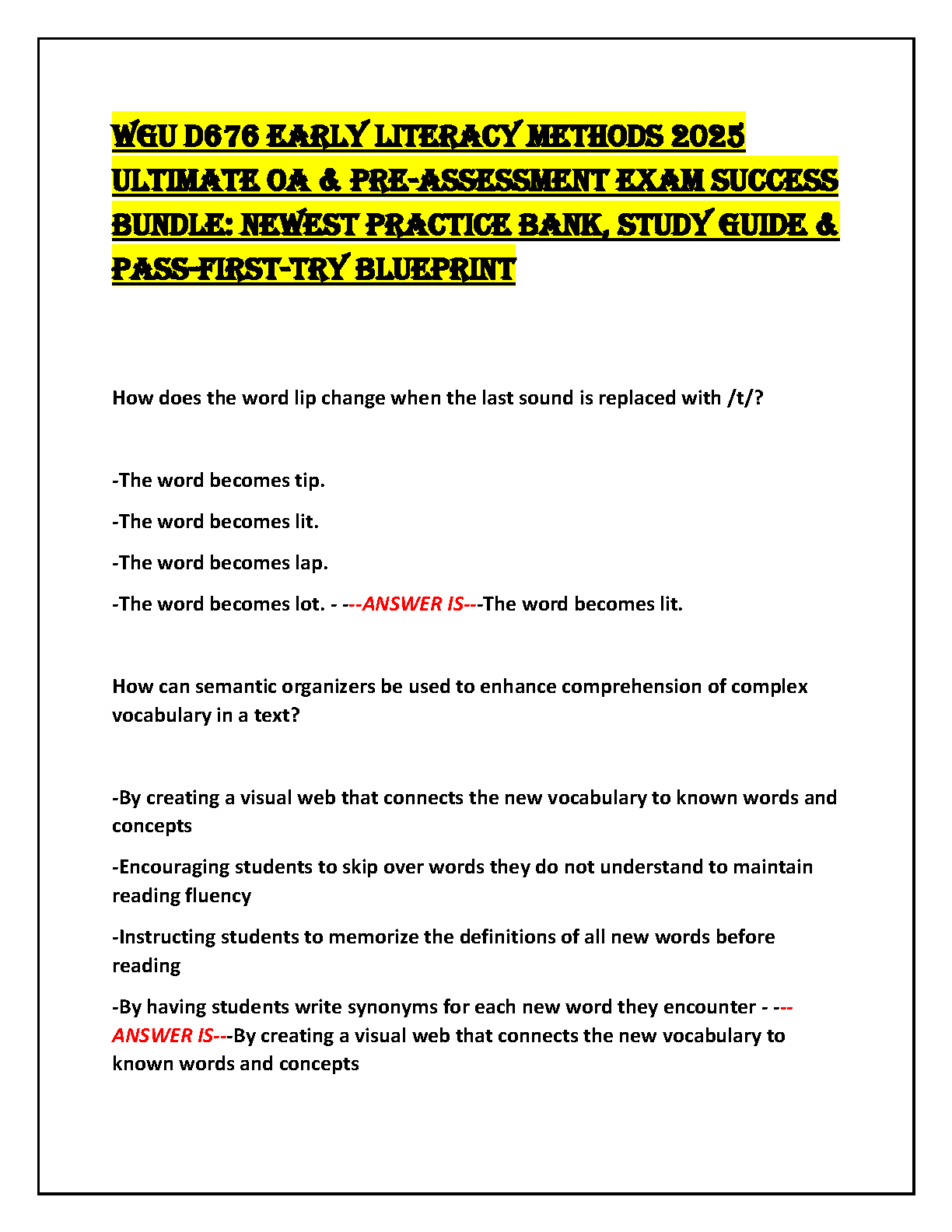 WGU D676 Early Literacy Methods Test Bank: 2025 OA & Pre-Assessment Practice Questions with Answers