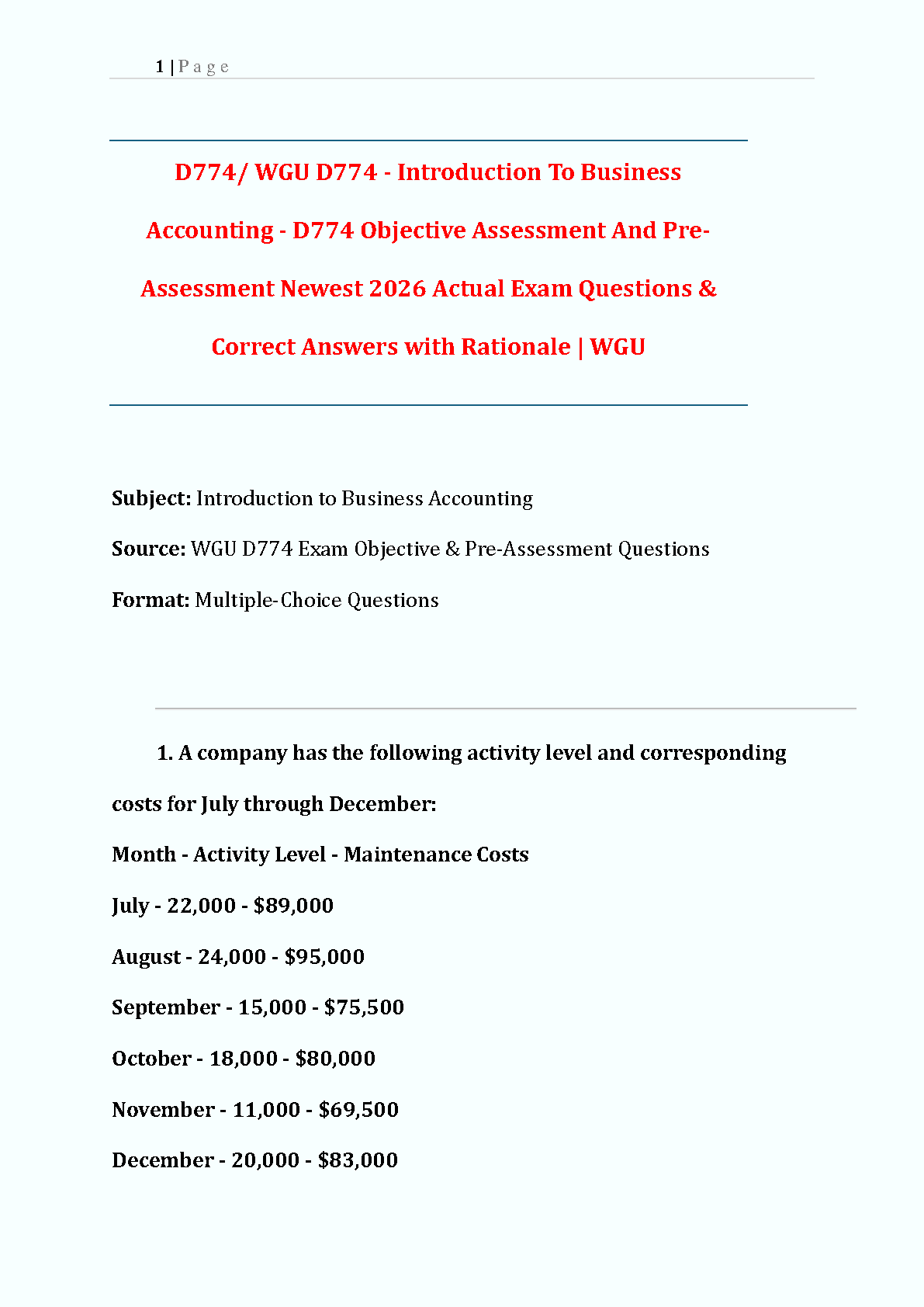 Test Bank for WGU D774 Introduction to Business Accounting: Objective & Pre-Assessment Questions with Rationales