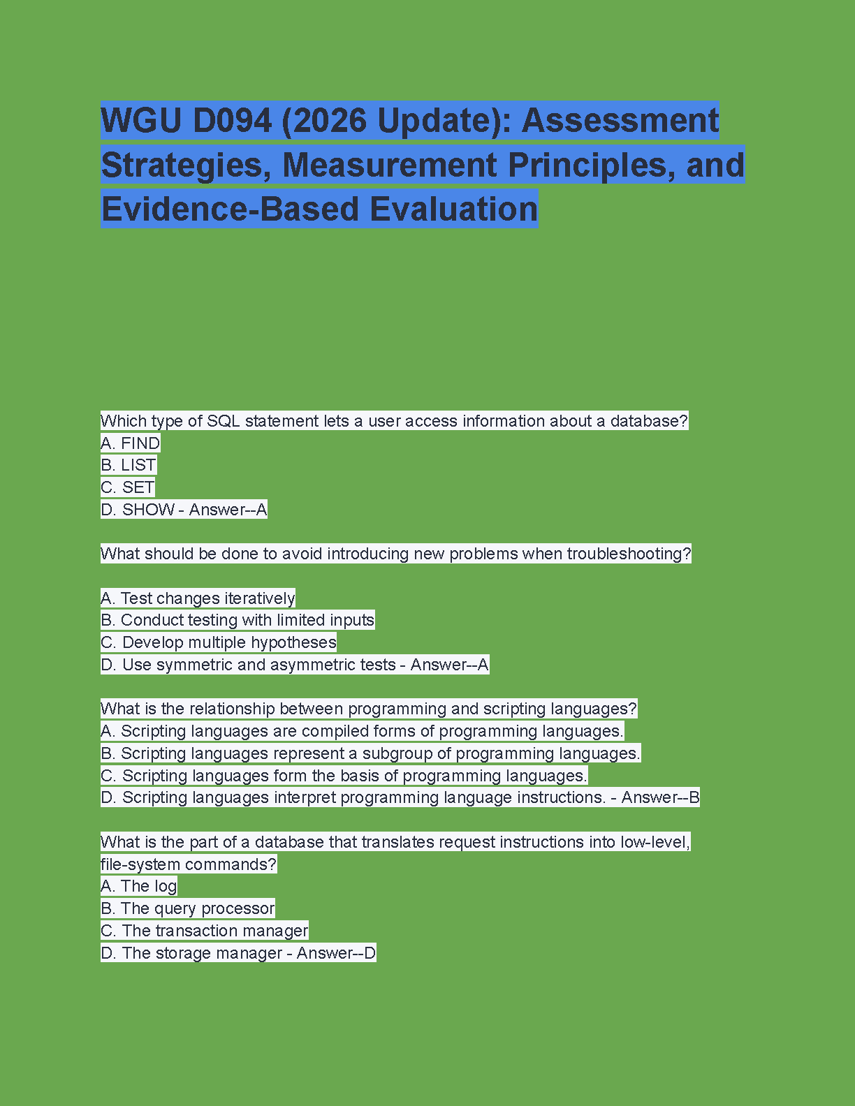 WGU D094 Assessment Strategies Measurement Principles and Evidence-Based Evaluation Test Bank 2026 Q&A Guide